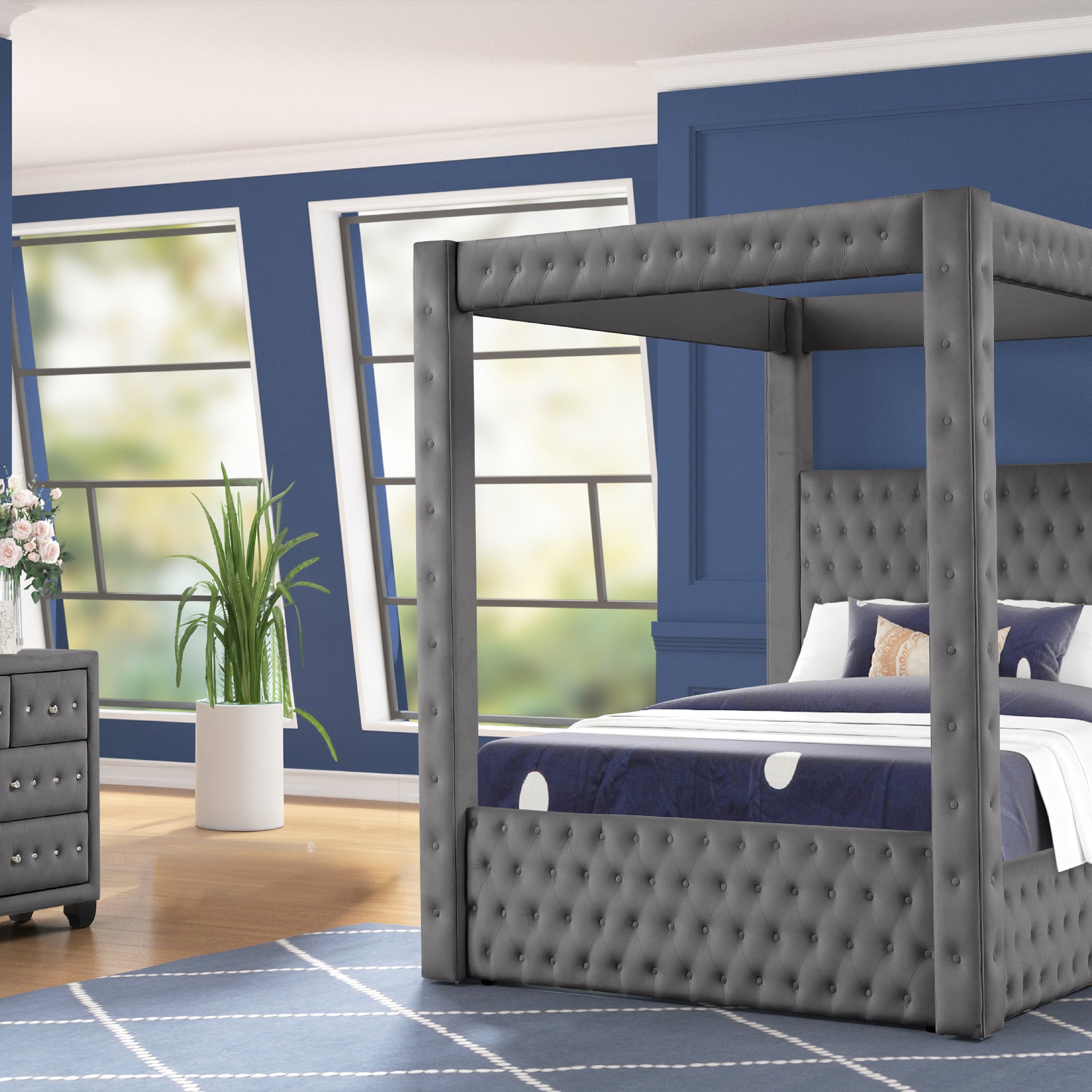 Monica Luxurious Four Poster Full 4 Pc Bed Made With Wood In Gray Box Spring Not Required Full Gray Wood 4 Piece Set Bedroom Bed Included,Dresser Included,Mirror Included,Nightstand Included Modern Upholstered Velvet Tufted Wood