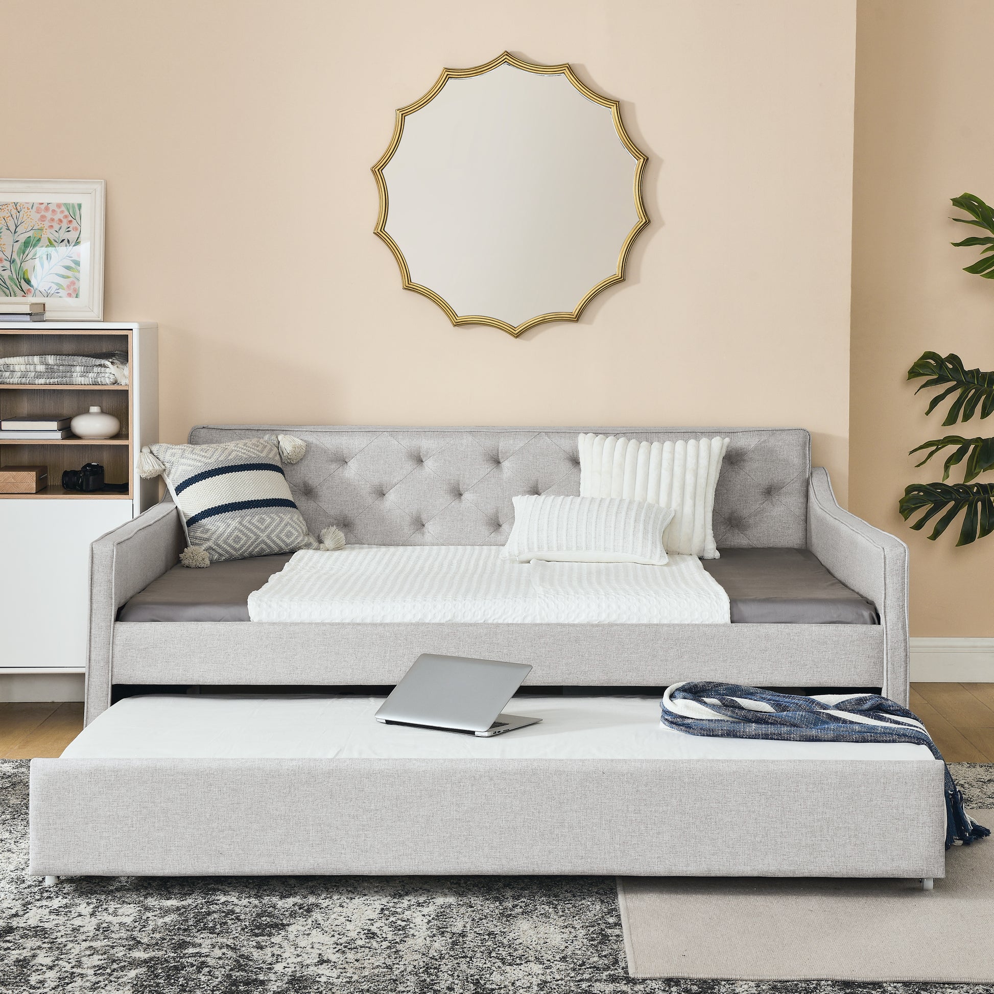 Full Size Daybed With Twin Size Trundle Upholstered Tufted Sofa Bed, Waved Shape Arms, Beige Box Spring Not Required Full Beige Wood Bedroom Eucalyptus Linen Linen