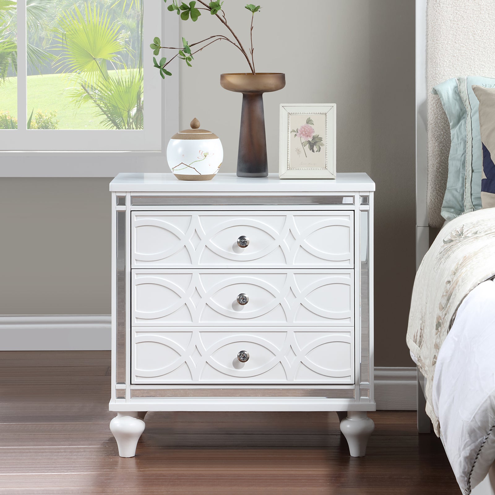 Contemporary Nightstands With Mirror Frame Accents, Bedside Table With Two Drawers And One Hidden Drawer, End Table With Crystal Pull For Living Room,Bedroom, White White 3 Drawers Solid Wood Mdf