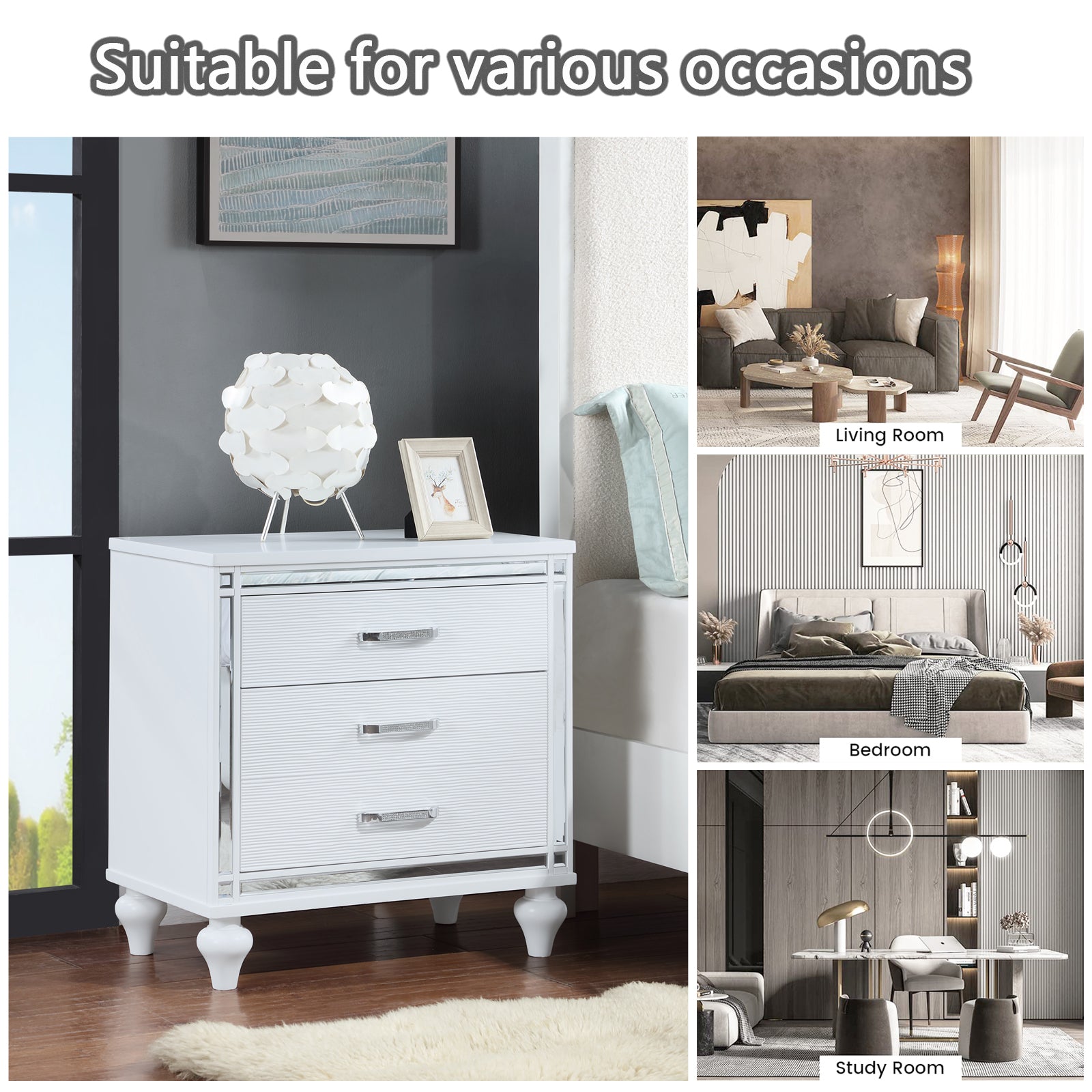 Contemporary Nightstands With Mirror Frame Accents, Bedside Table With Two Drawers And One Hidden Drawer, End Table With Crystal Pull For Living Room,Bedroom, White White 3 Drawers Solid Wood Mdf