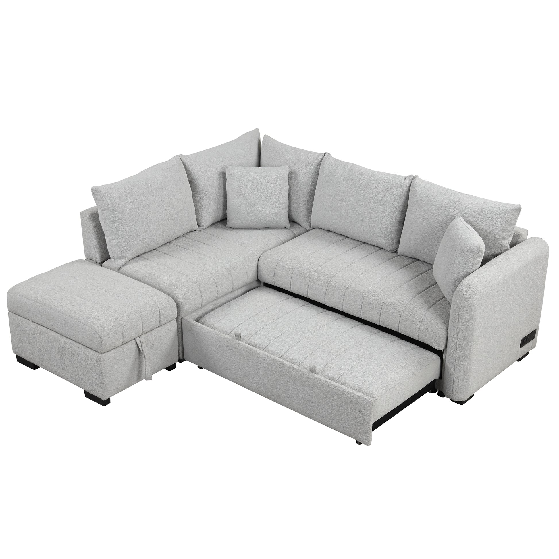 82.6" L Shaped Sectional Pull Out Sofa Bed Sleeper Sofa With Two Usb Ports, Two Power Sockets And A Movable Storage Ottoman, Gray Gray Foam Polyester