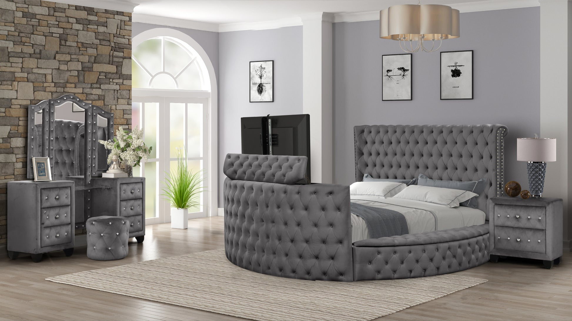 Maya Crystal Tufted Queen 4 Pc Vanity Bedroom Set Made With Wood In Gray Box Spring Not Required Queen Gray Wood 4 Piece Set Bedroom Contemporary,Modern Upholstered Velvet Tufted Wood