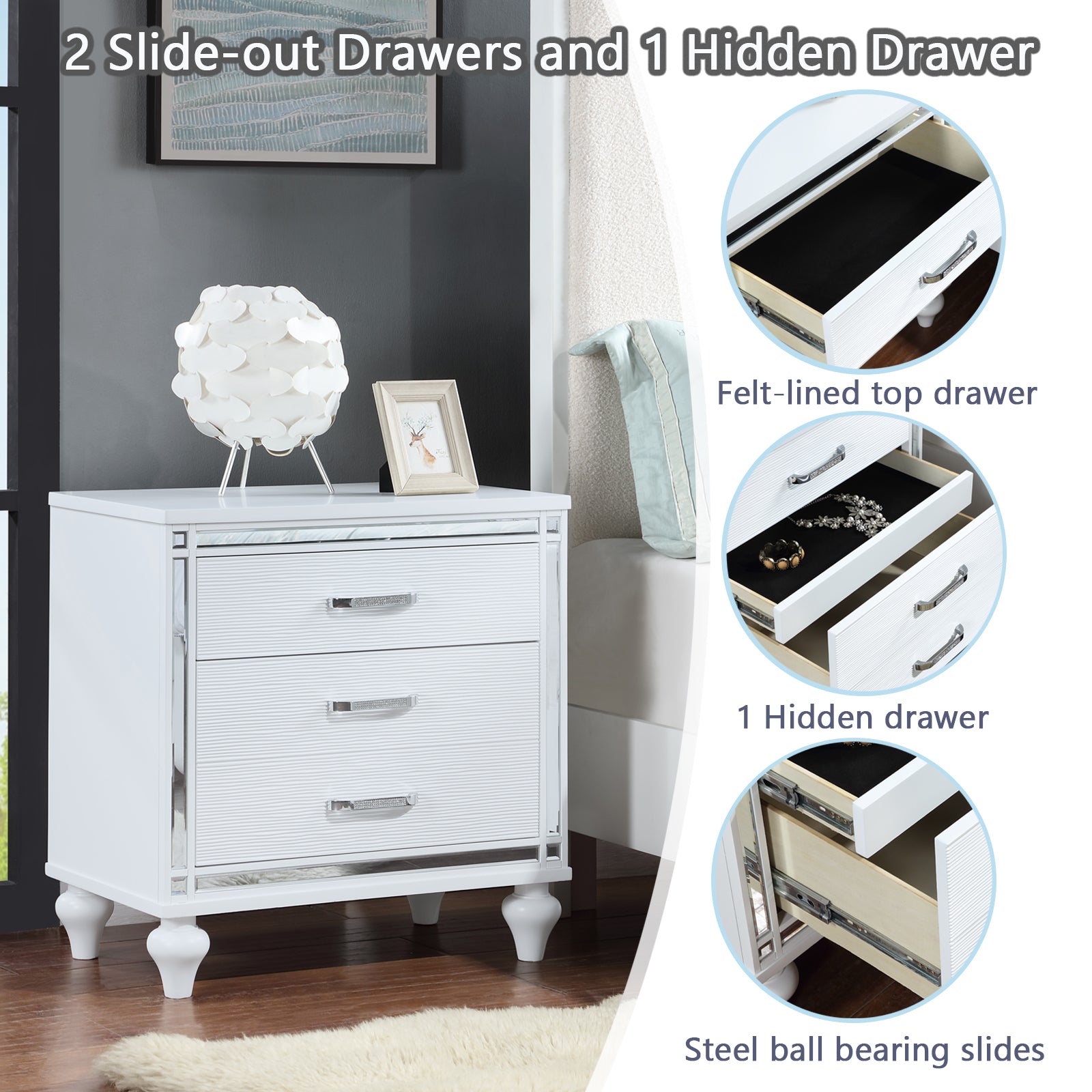 Contemporary Nightstands With Mirror Frame Accents, Bedside Table With Two Drawers And One Hidden Drawer, End Table With Crystal Pull For Living Room,Bedroom, White White 3 Drawers Solid Wood Mdf