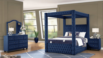 Monica Luxurious Four Poster Queen 4 Pc Bedroom Set Made With Wood In Navy Box Spring Not Required Queen Navy Wood 4 Piece Set Bedroom Bed Included,Dresser Included,Mirror Included,Nightstand Included Modern Upholstered Velvet Wood