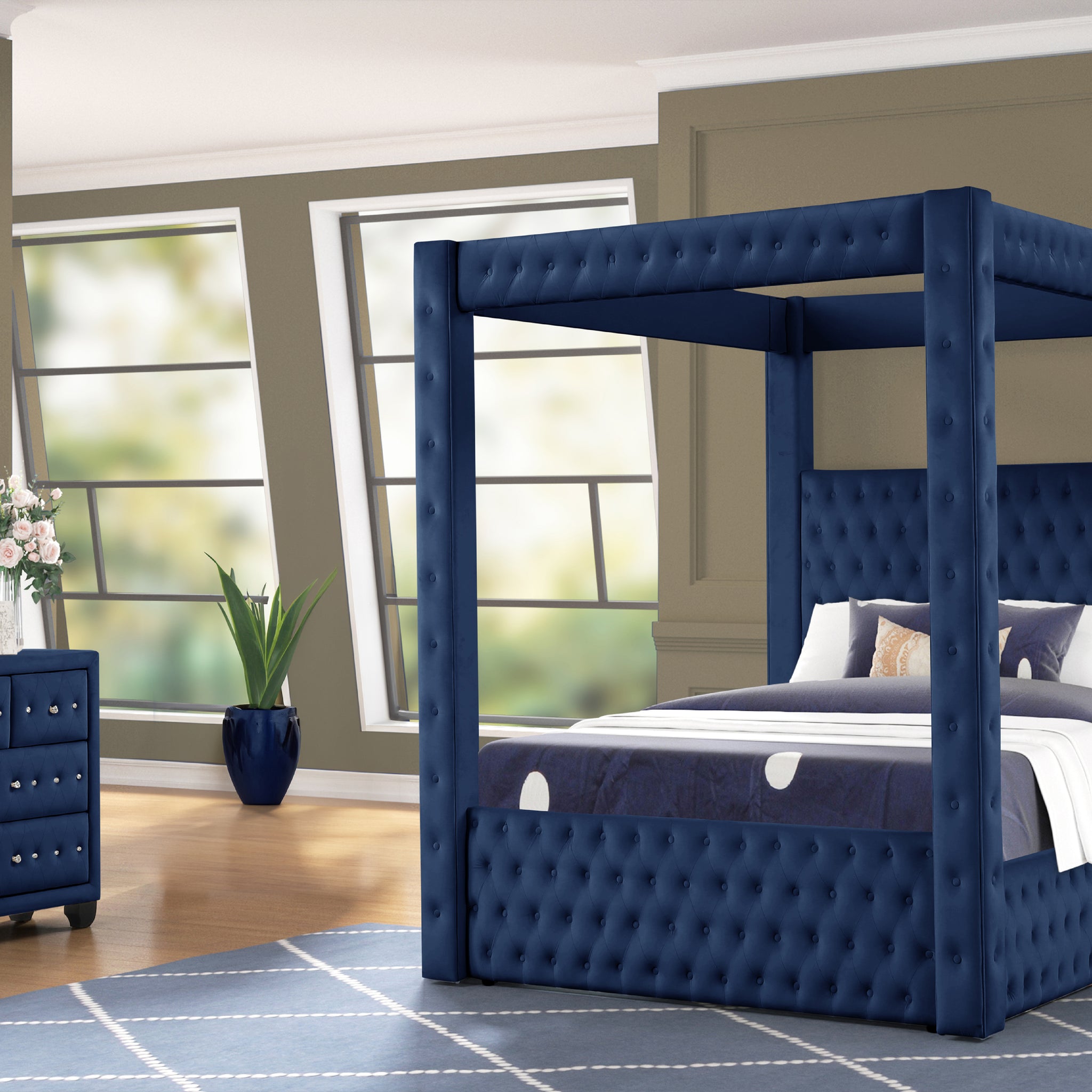 Monica Luxurious Four Poster King 4 Pc Bedroom Set Made With Wood In Navy Box Spring Not Required King Navy Wood 4 Piece Set Bedroom Bed Included,Dresser Included,Mirror Included,Nightstand Included Modern Upholstered Velvet Wood