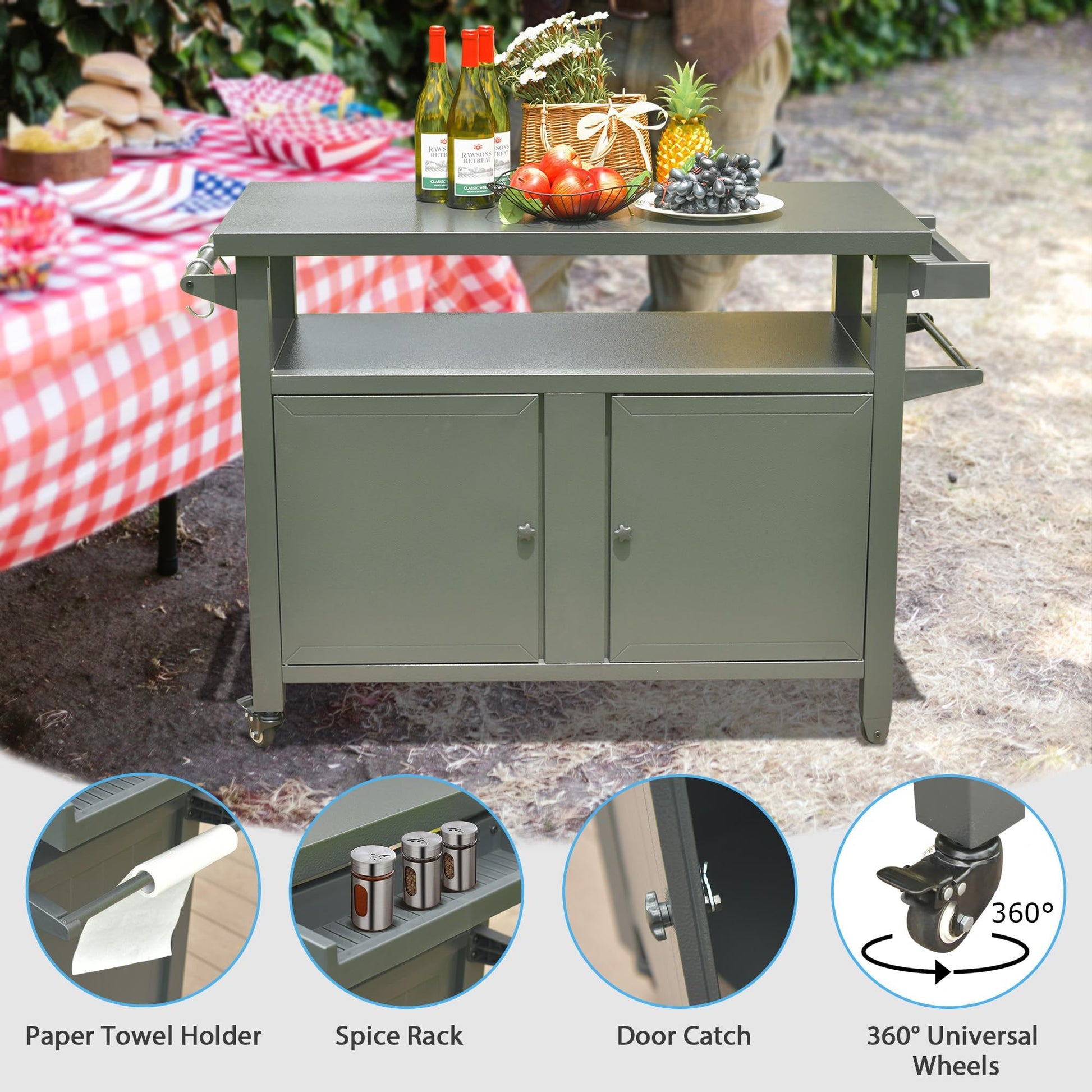 Grill Carts Outdoor Storage Cabinet With Wheels, Metal Outdoor Grill Table Kitchen Dining Table Cooking Prep Bbq Table For Patio, Kitchen Island, Home Party, Bar Grey Grey Aluminum