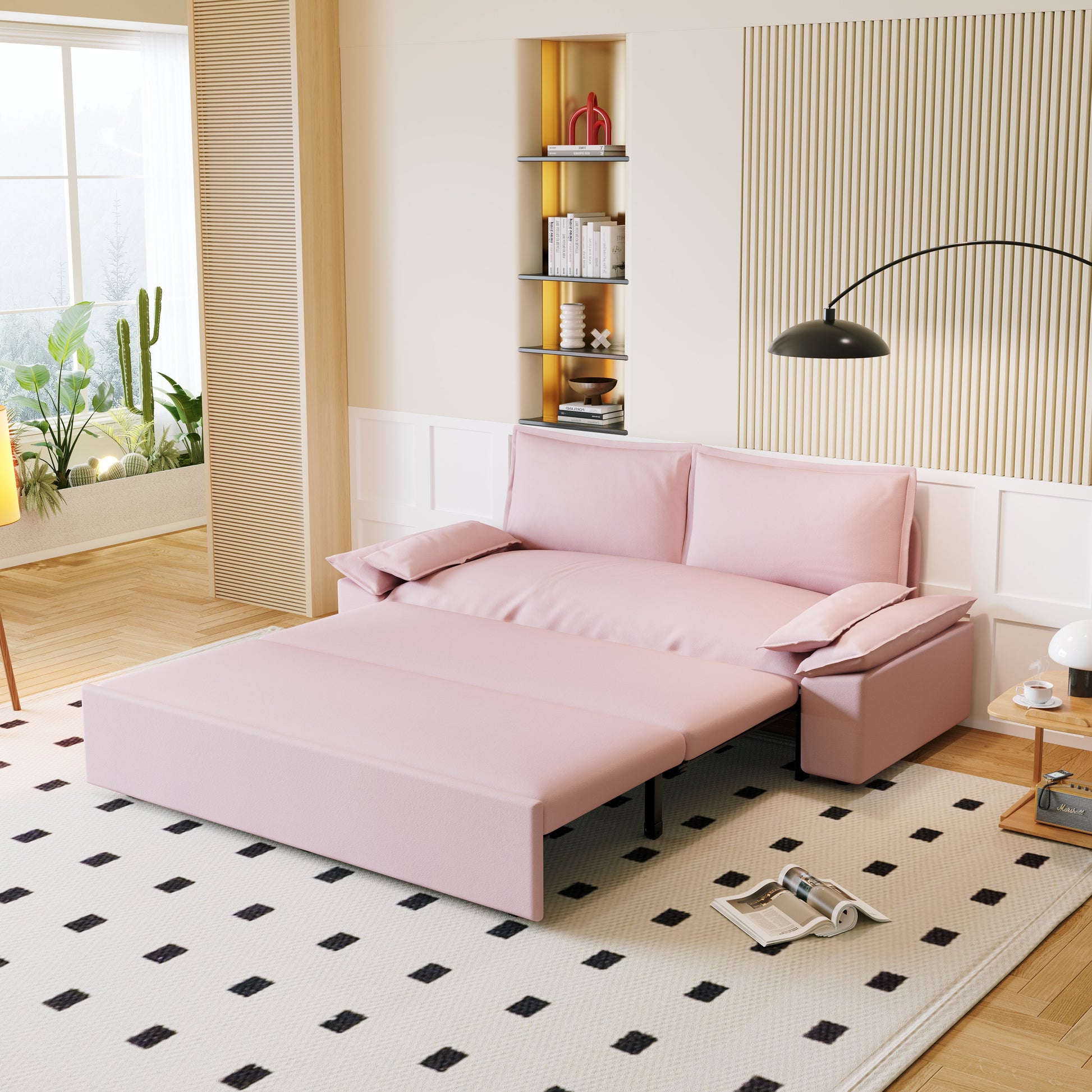 70.1" Queen Pull Out Sofa Bed, 3 In 1 Convertible Sleeper Sofa With 2 Soft Pillows,Multi Functional Velvet Loveseat Bed,Pink Pink Velvet 2 Seat