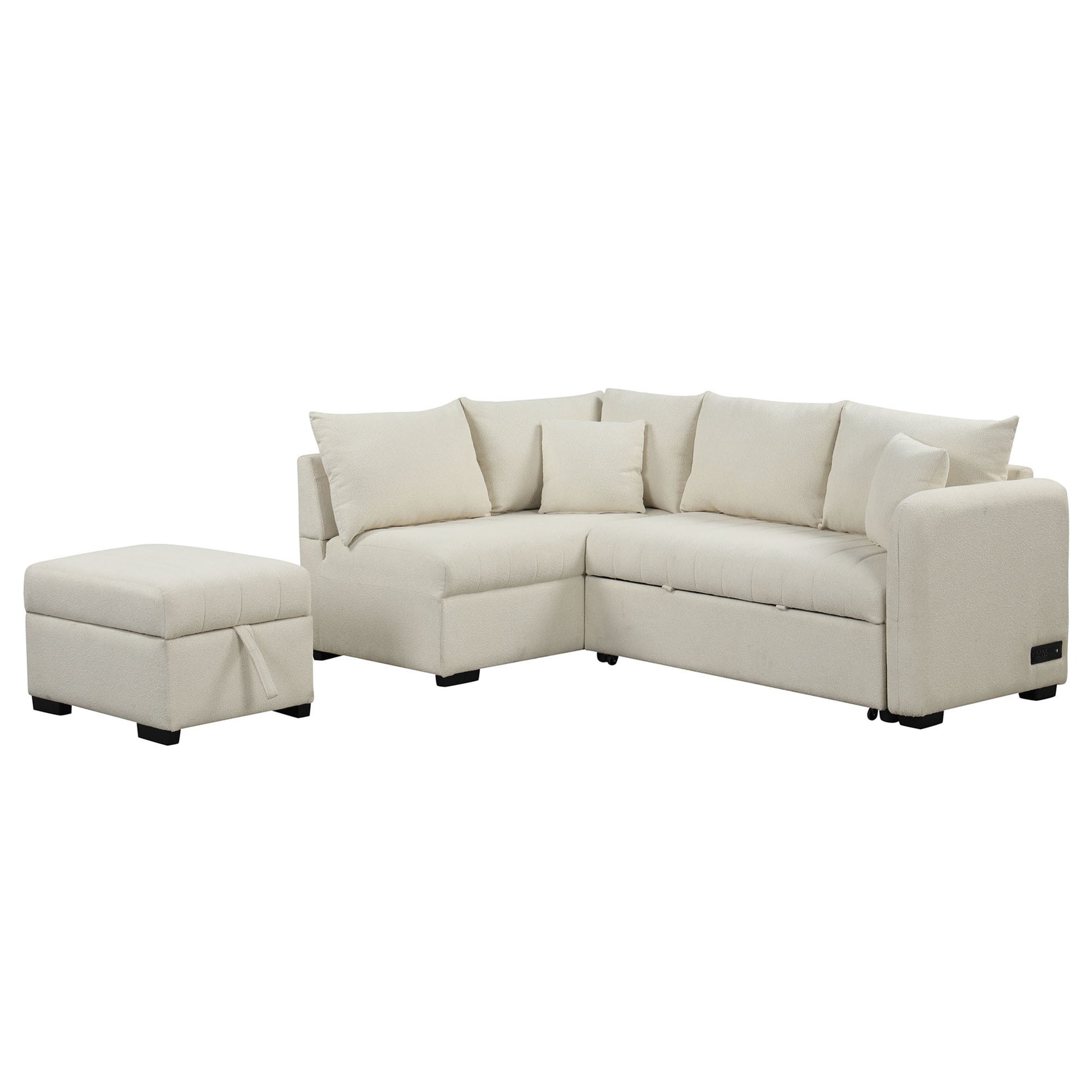 82.6" L Shaped Sectional Pull Out Sofa Bed Sleeper Sofa With Two Usb Ports, Two Power Sockets And A Movable Storage Ottoman, Beige Beige Foam Polyester