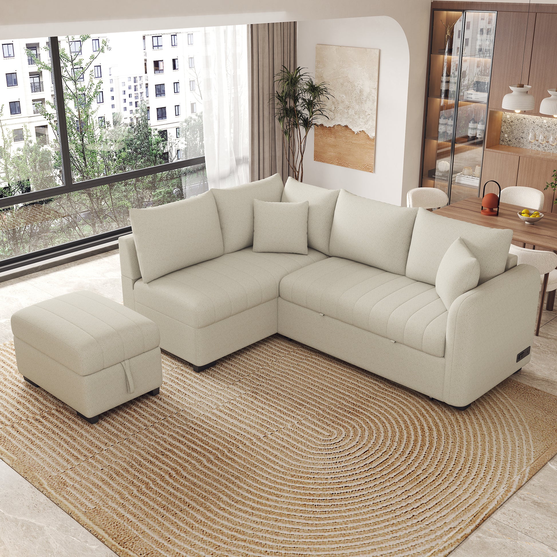 82.6" L Shaped Sectional Pull Out Sofa Bed Sleeper Sofa With Two Usb Ports, Two Power Sockets And A Movable Storage Ottoman, Beige Beige Foam Polyester