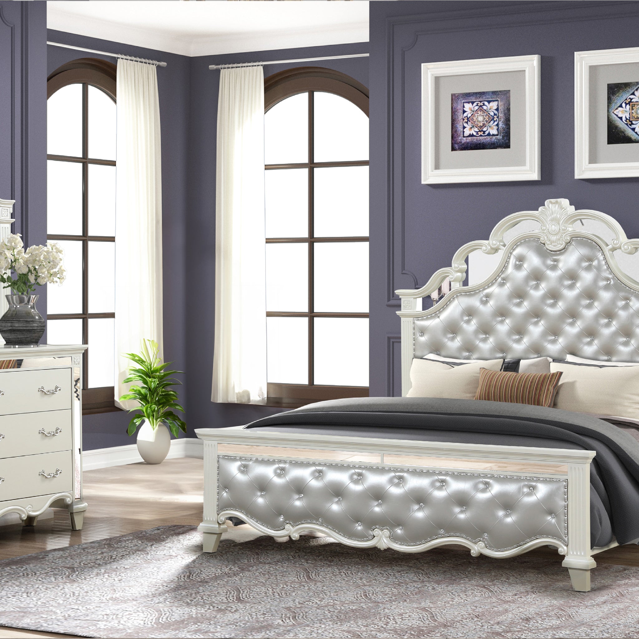 Milan King 4 Pc Tufted Upholstery Bedroom Set Made With Wood In White Box Spring Required King White Wood 4 Piece Set Bedroom Bed Included,Dresser Included,Mirror Included,Nightstand Included Contemporary,Modern Upholstered Tufted Wood