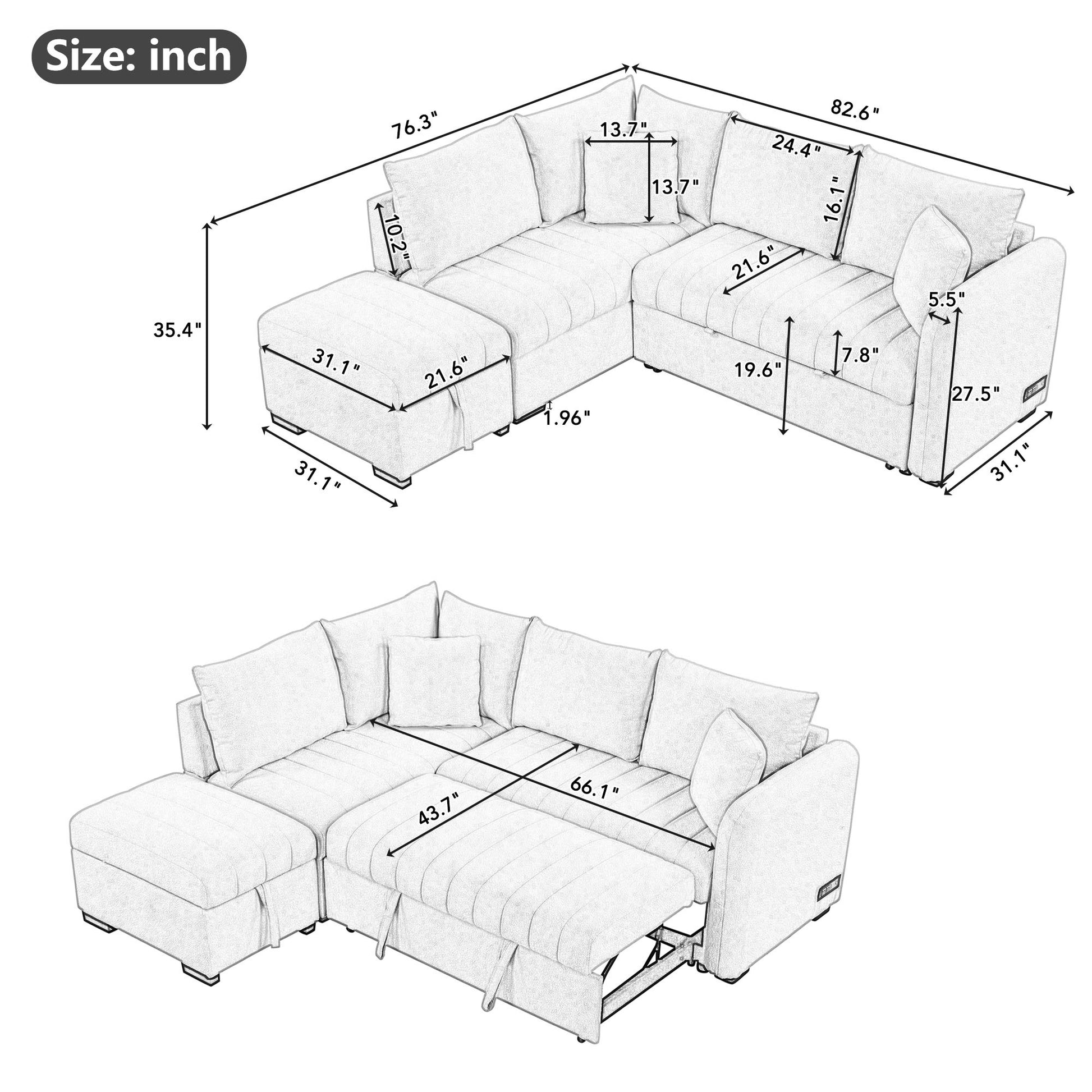 82.6" L Shaped Sectional Pull Out Sofa Bed Sleeper Sofa With Two Usb Ports, Two Power Sockets And A Movable Storage Ottoman, Beige Beige Foam Polyester