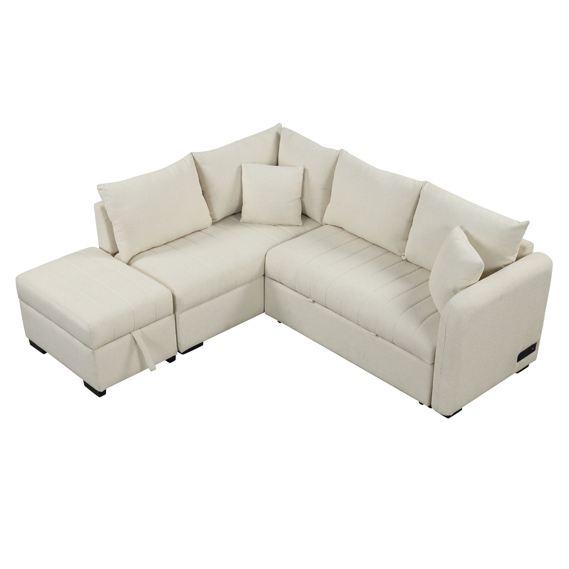 82.6" L Shaped Sectional Pull Out Sofa Bed Sleeper Sofa With Two Usb Ports, Two Power Sockets And A Movable Storage Ottoman, Beige Beige Foam Polyester