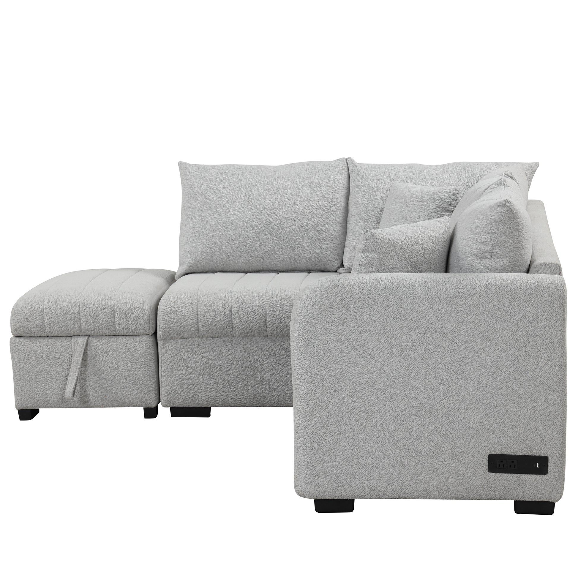 82.6" L Shaped Sectional Pull Out Sofa Bed Sleeper Sofa With Two Usb Ports, Two Power Sockets And A Movable Storage Ottoman, Gray Gray Foam Polyester