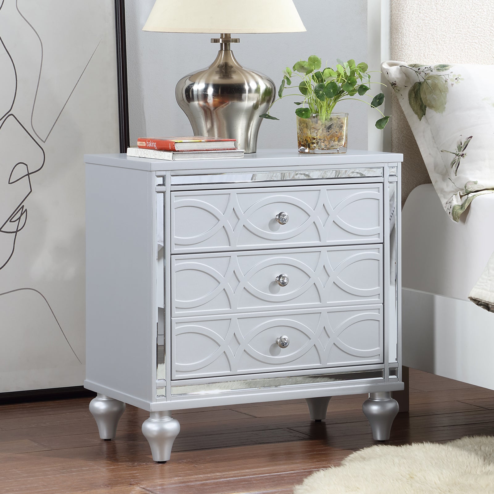 Contemporary Nightstands With Mirror Frame Accents, Bedside Table With Two Drawers And One Hidden Drawer, End Table With Crystal Pull For Living Room,Bedroom, Silver Silver 3 Drawers Solid Wood Mdf