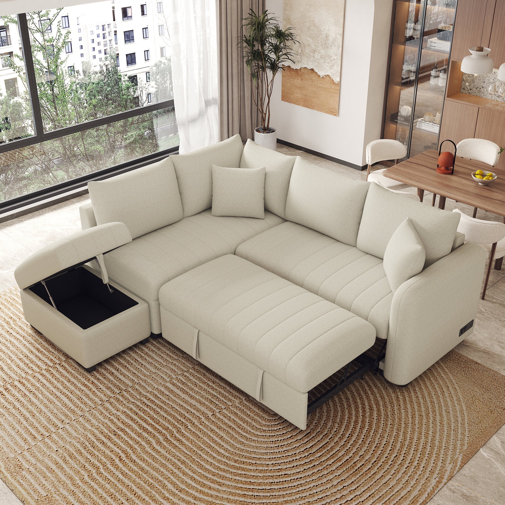 82.6" L Shaped Sectional Pull Out Sofa Bed Sleeper Sofa With Two Usb Ports, Two Power Sockets And A Movable Storage Ottoman, Beige Beige Foam Polyester