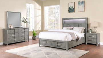 Modern Style King 4Pc Storage Bedroom Set Made With Wood, Led Headboard, Bluetooth Speakers & Usb Ports Grey Box Spring Not Required King Gray Wood 4 Piece Set Bedroom Bed Included,Dresser Included,Mirror Included,Nightstand Included Contemporary,Modern