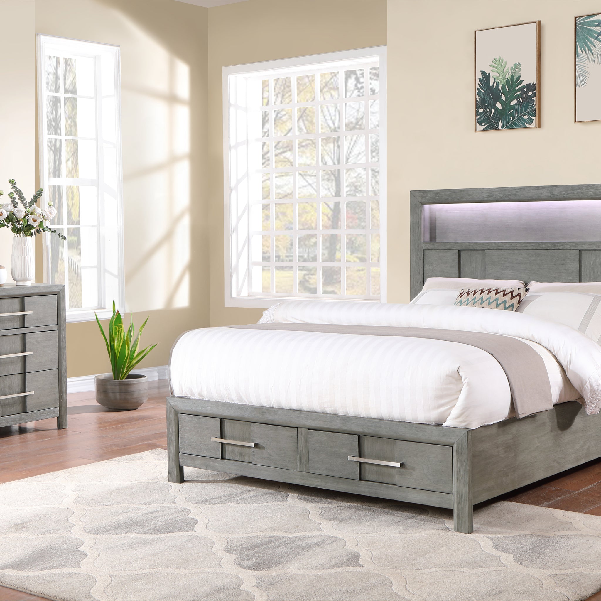 Modern Style Full 4Pc Storage Bedroom Set Made With Wood, Led Headboard, Bluetooth Speakers & Usb Ports Grey Box Spring Not Required Full Gray Wood 4 Piece Set Bedroom Bed Included,Dresser Included,Mirror Included,Nightstand Included Contemporary,Modern