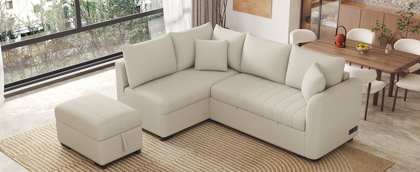 82.6" L Shaped Sectional Pull Out Sofa Bed Sleeper Sofa With Two Usb Ports, Two Power Sockets And A Movable Storage Ottoman, Beige Beige Foam Polyester