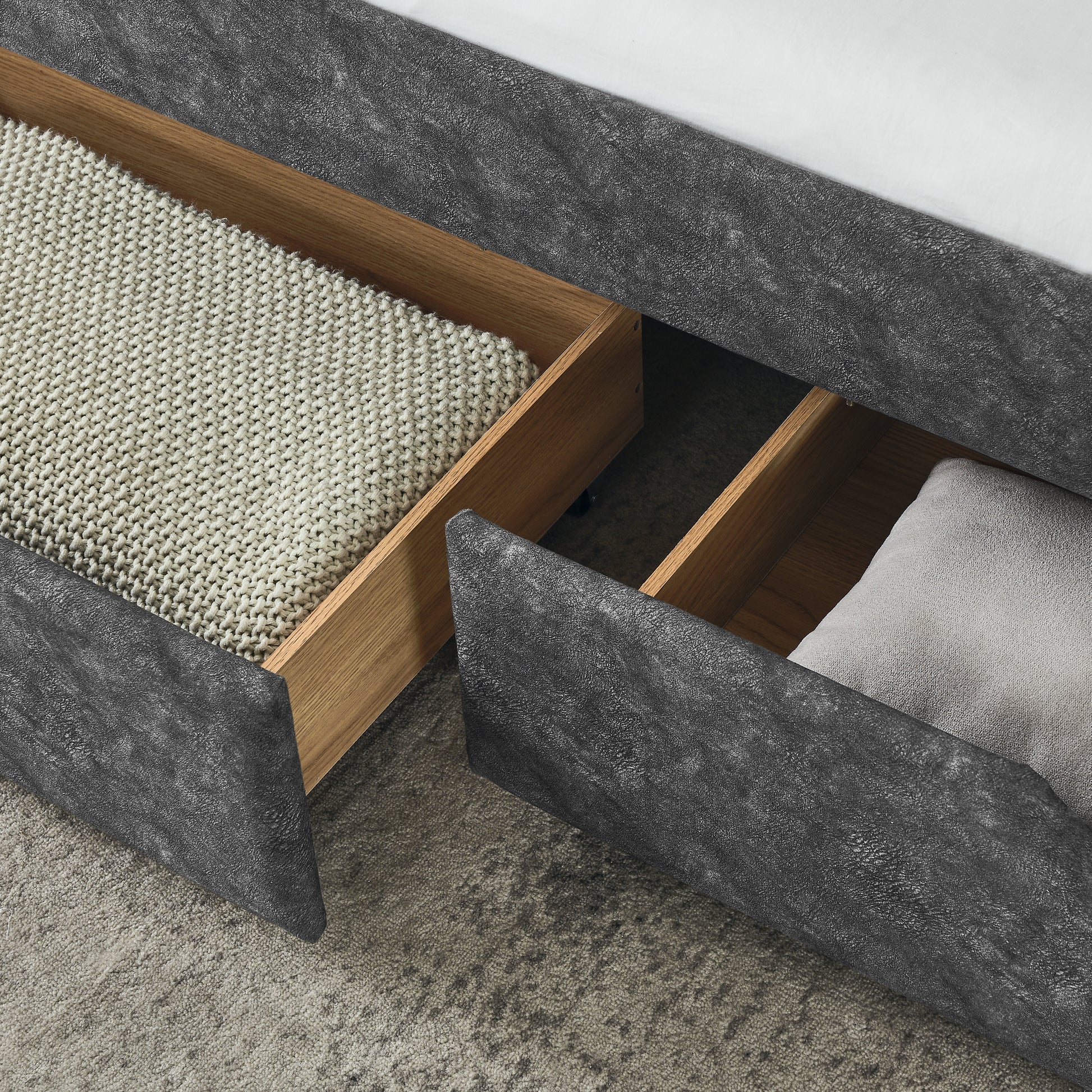 Queen Size Daybed With Drawers Upholstered Tufted Sofa Bed,With Button On Back On Waved Shape Arms Box Spring Not Required Queen Grey Wood Bedroom Eucalyptus Polyester Foam