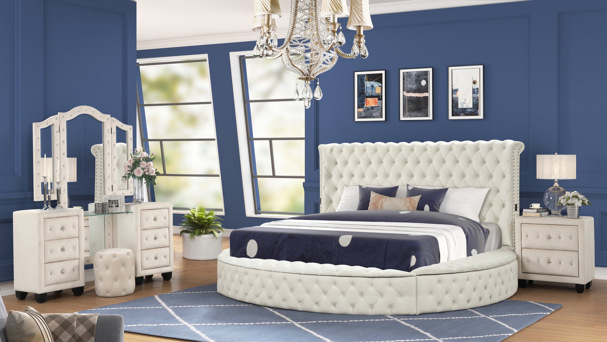 Modern Style King 4Pc Vanity Bedroom Set With Usb Ports & Made With Wood In Cream Box Spring Not Required King Cream Wood 4 Piece Set Bedroom Modern Solid Wood Mdf Tufted Velvet Wood