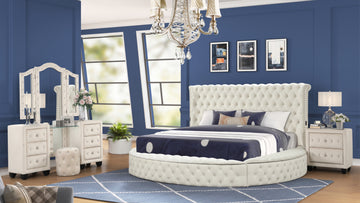 Modern Style King 4Pc Vanity Bedroom Set With Usb Ports & Made With Wood In Cream Box Spring Not Required King Cream Wood 4 Piece Set Bedroom Modern Solid Wood Mdf Tufted Velvet Wood