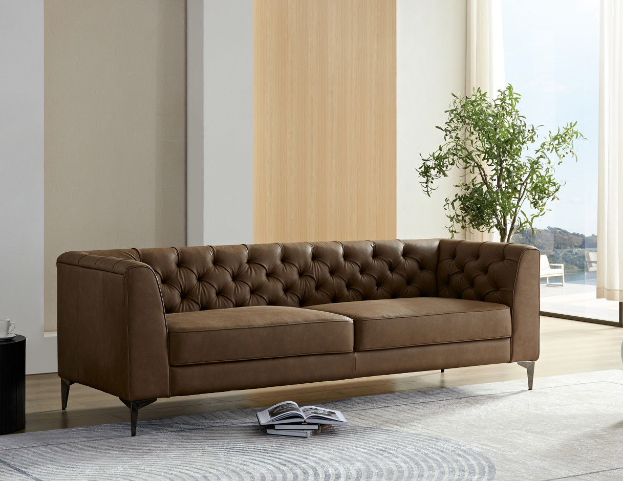 Wks5B Brown Leather Sofa With Iron Feet, Retro Design Brown Leather 3 Seat