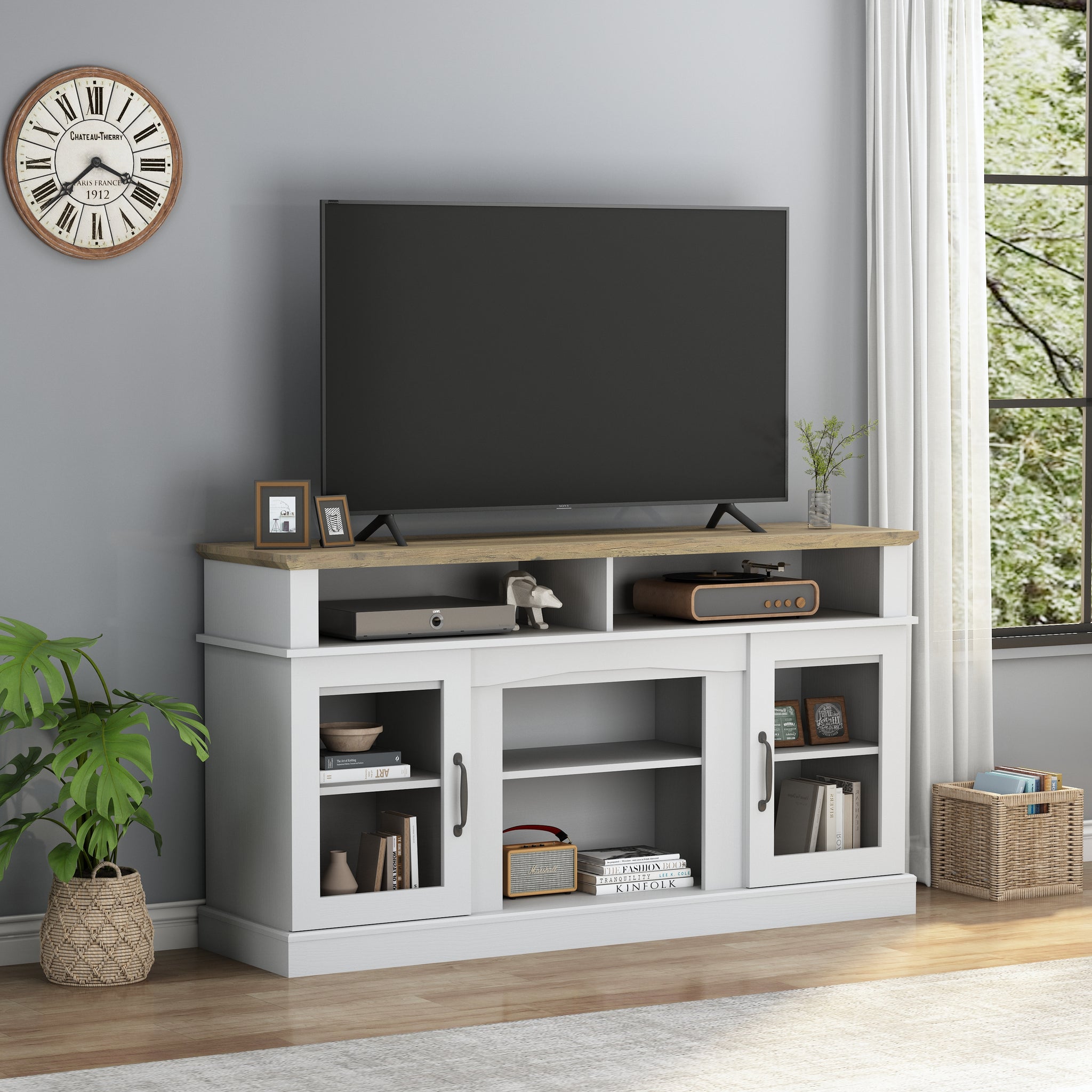 58 Inch Tv Stand With Storage Cabinet And Shelves, Tv Console Table Entertainment Center For Living Room,Bedroom White 50 59 Inches Particle Board