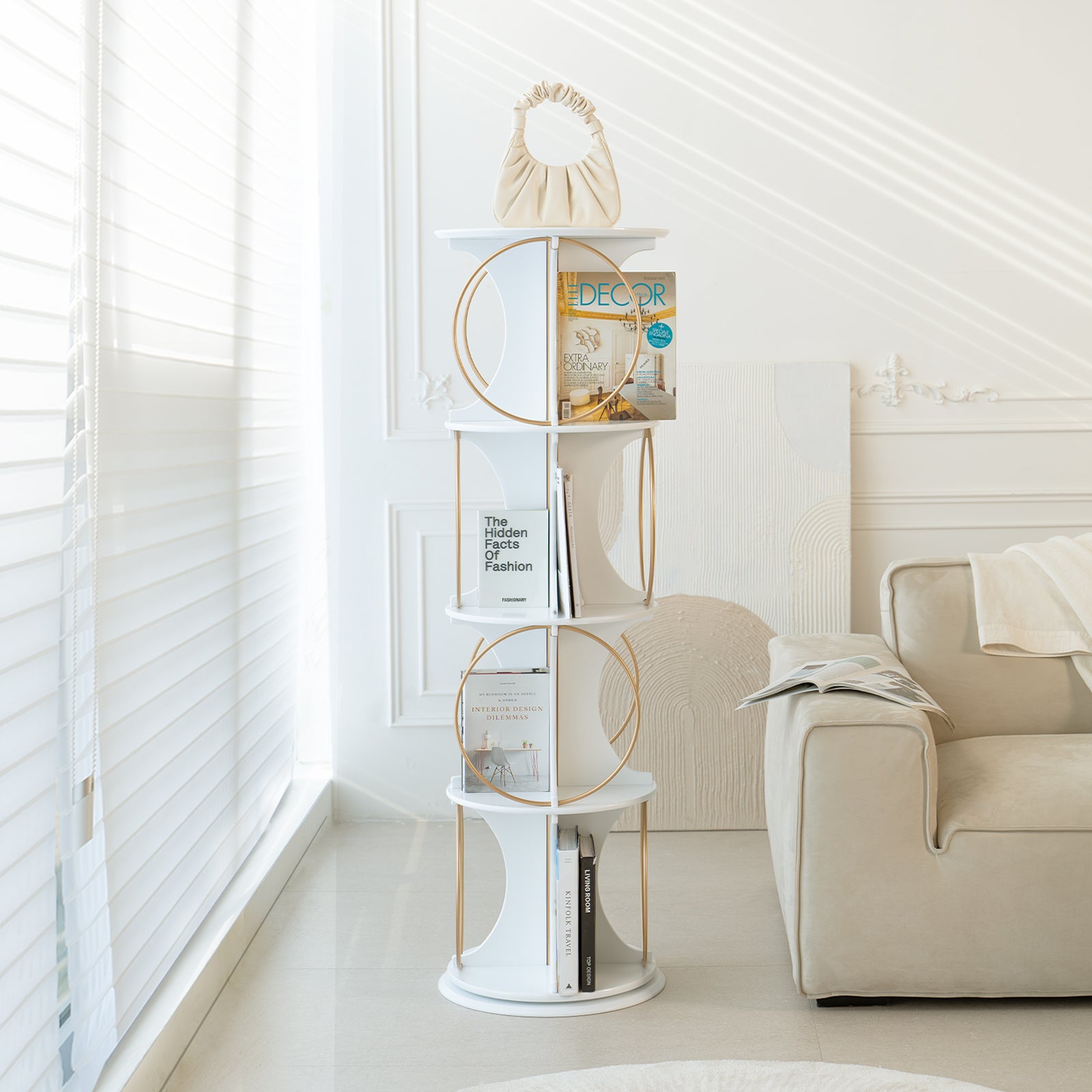 Display Shelf,4 Tier Floor Standing Organizer,Modern Style,360 Rotation,Stable And Solid,Holds Books And Displays,Suitable For Living Room And Bedroom 4 White White Corner Primary Living Space Open