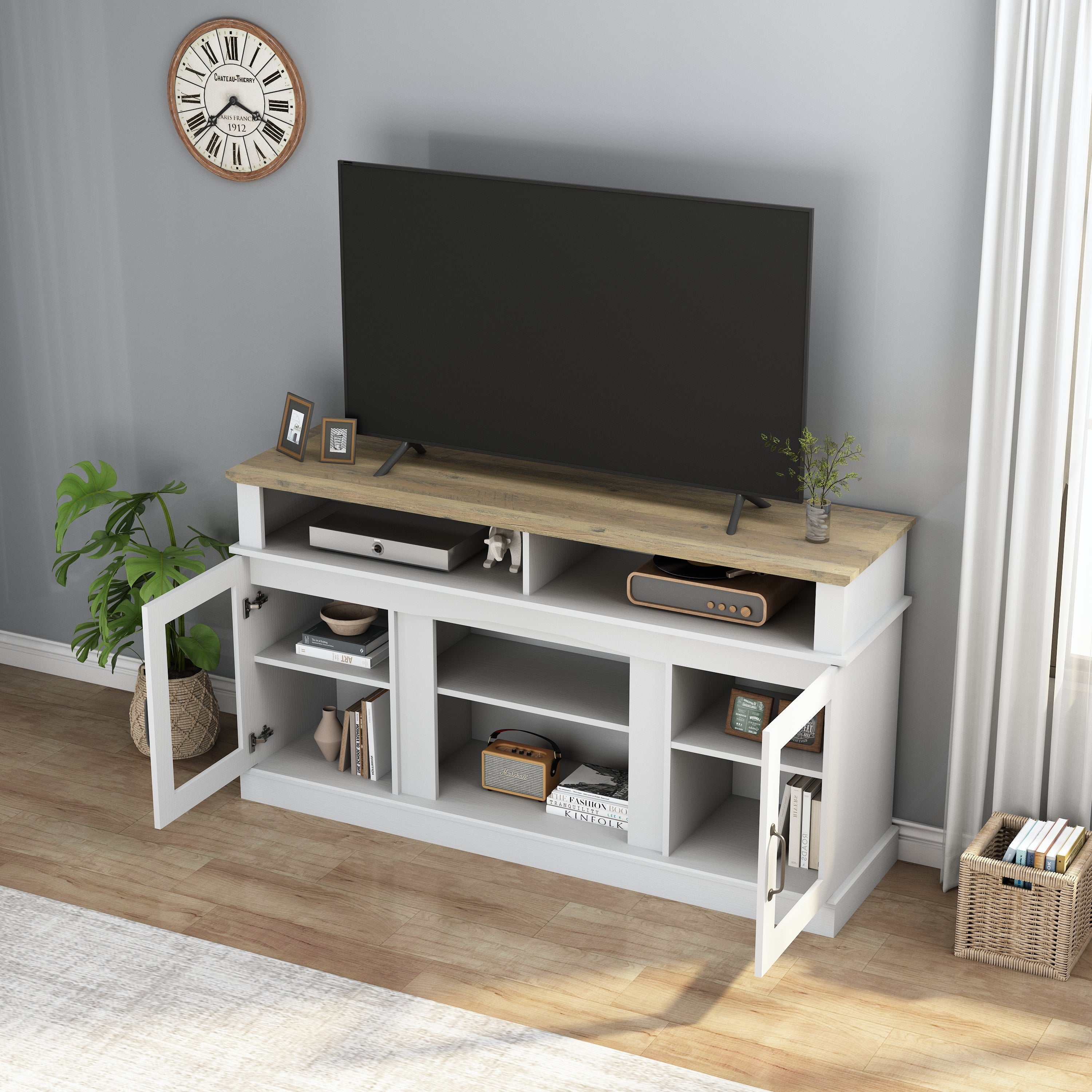 58 Inch Tv Stand With Storage Cabinet And Shelves, Tv Console Table En