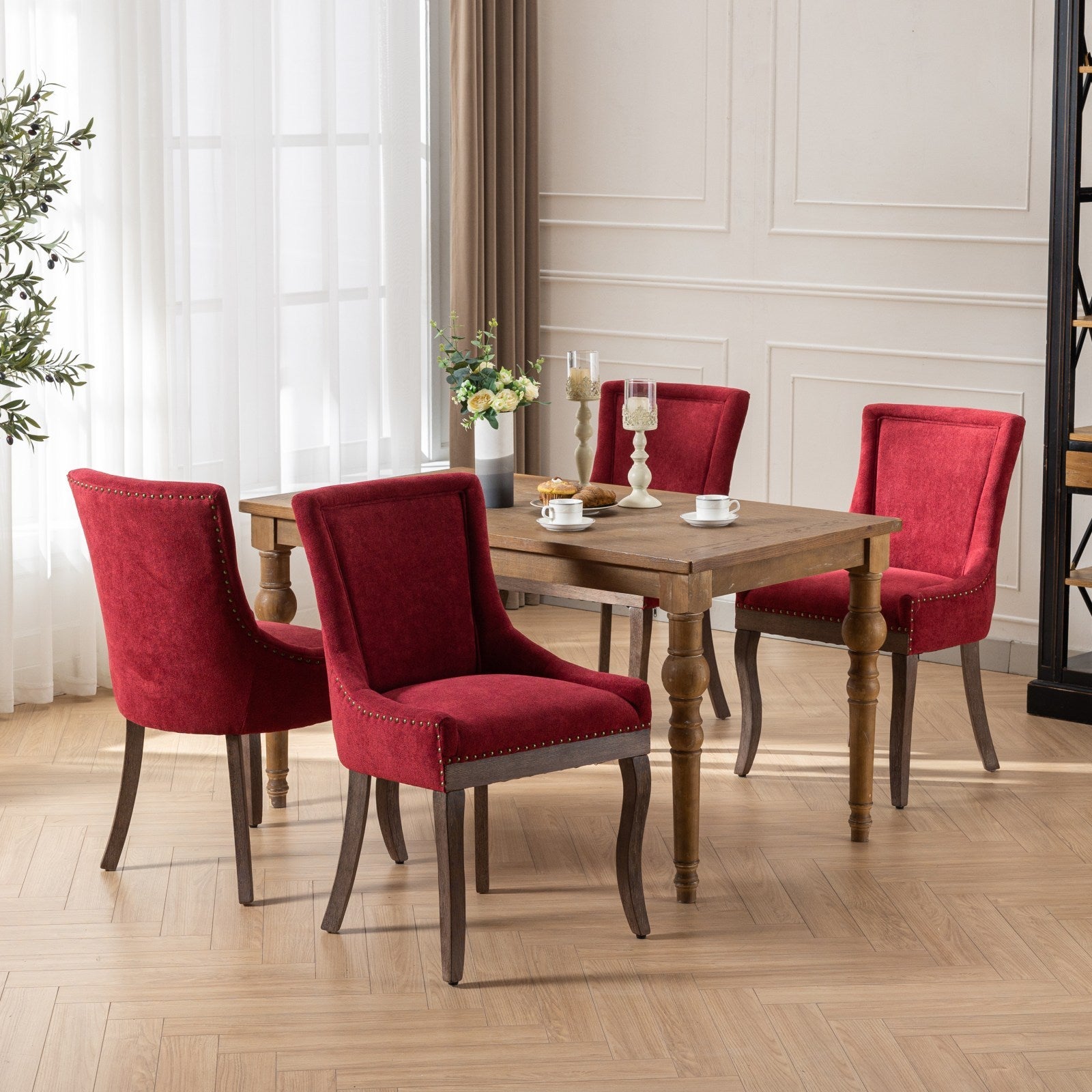 Ultra Side Dining Chair,Thickened Fabric Chairs With Neutrally Toned Solid Wood Legs,Bronze Nail Head,Set Of 2,Wine Red,Burdy,Sw1807Wr Burgundy Dining Room American Design Dining Chairs Set Of 2 Foam Fabric