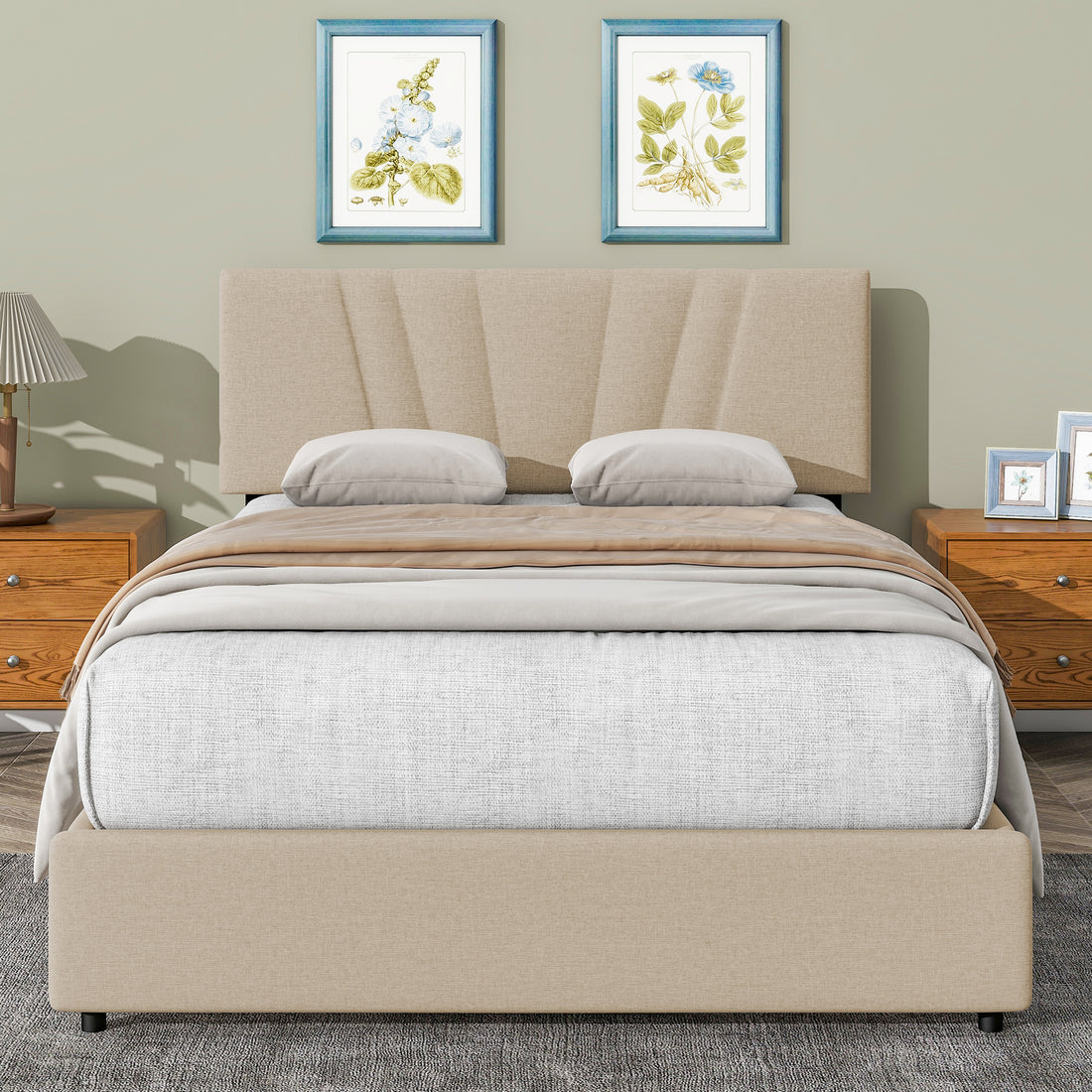 Queen Upholstered Platform Bed With Lifting Storage, Queen Size Bed Frame With Storage And Tufted Headboard,Wooden Queen Platform Bed For Kids Teens Adults,No Box Spring Needed Queen, Beige Box Spring Not Required Queen Light Beige Wood Bedroom American