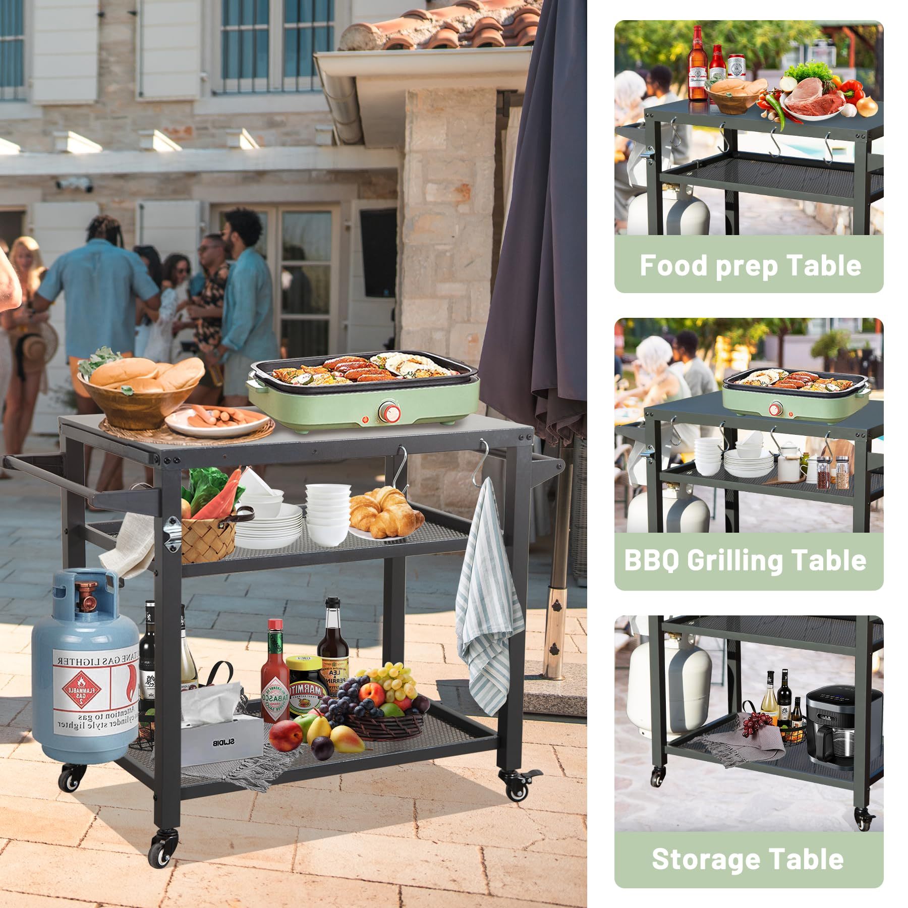 3 Shelf Outdoor Grill Table, Grill Cart Outdoor with grey-steel