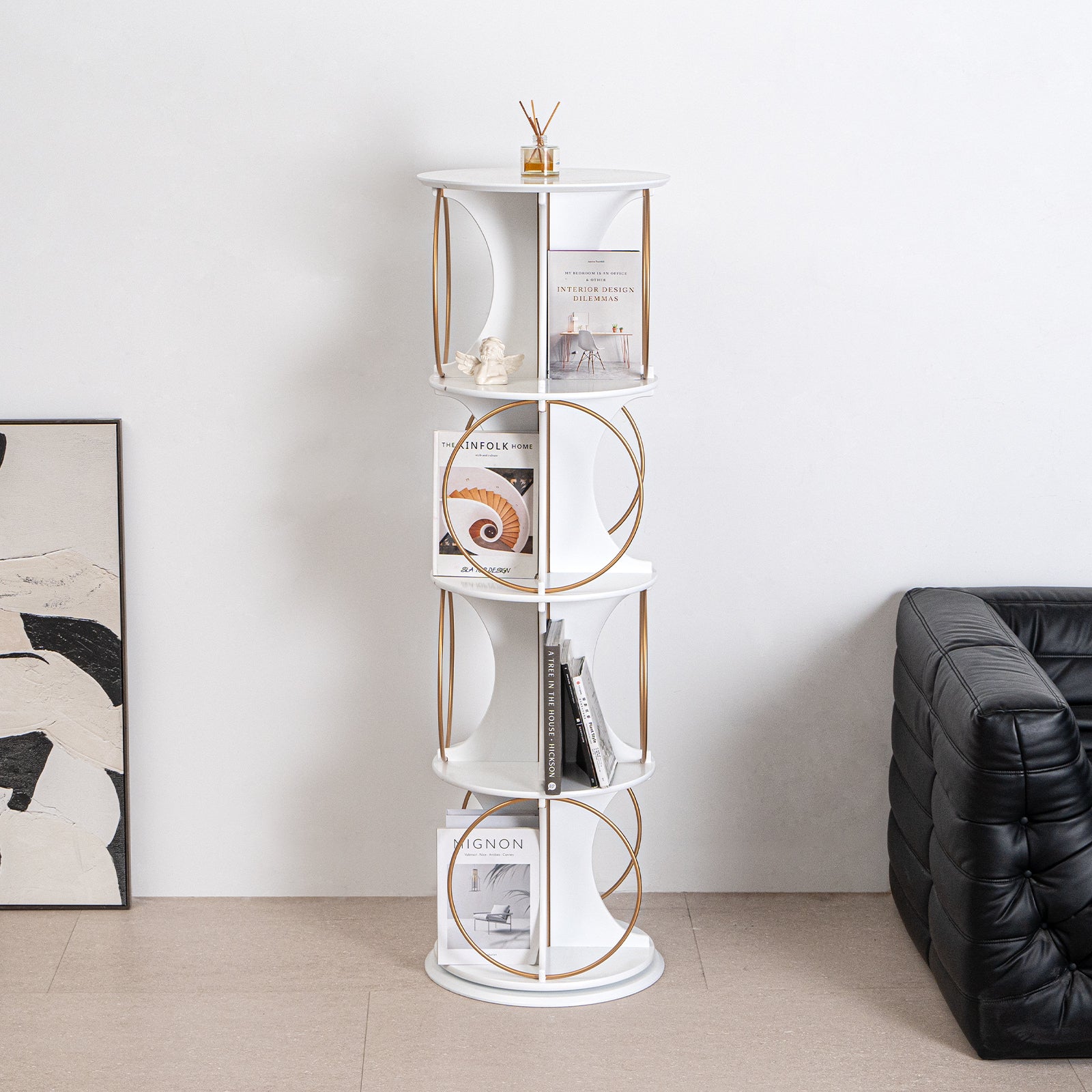 Display Shelf,4 Tier Floor Standing Organizer,Modern Style,360 Rotation,Stable And Solid,Holds Books And Displays,Suitable For Living Room And Bedroom 4 White White Corner Primary Living Space Open