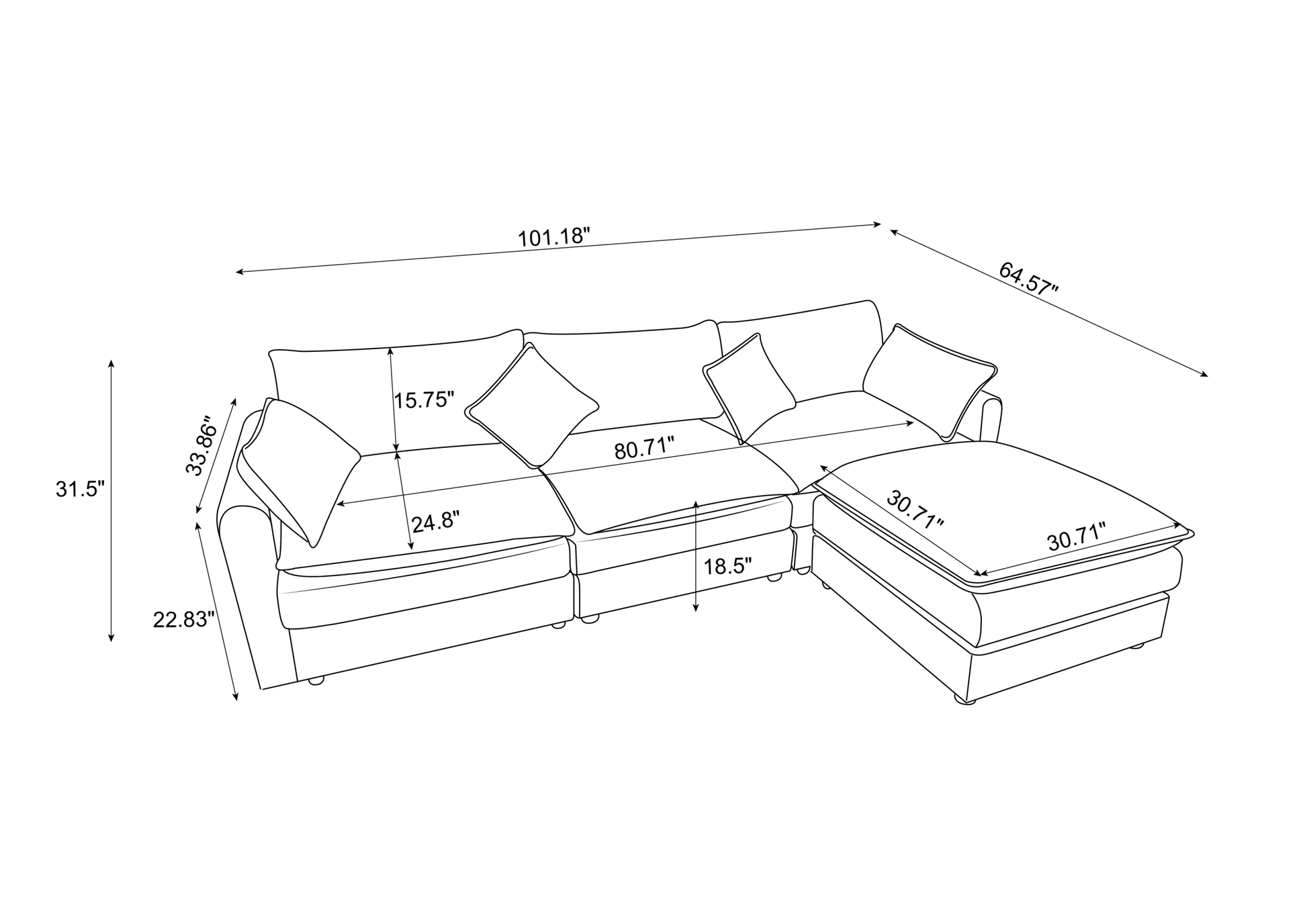 Modular Sectional Sofa, 3 Seater Sofa With Ottoman, Modern L Shaped Sofa For Living Room Bedroom Apartment Orange Wood Fabric 4 Seat