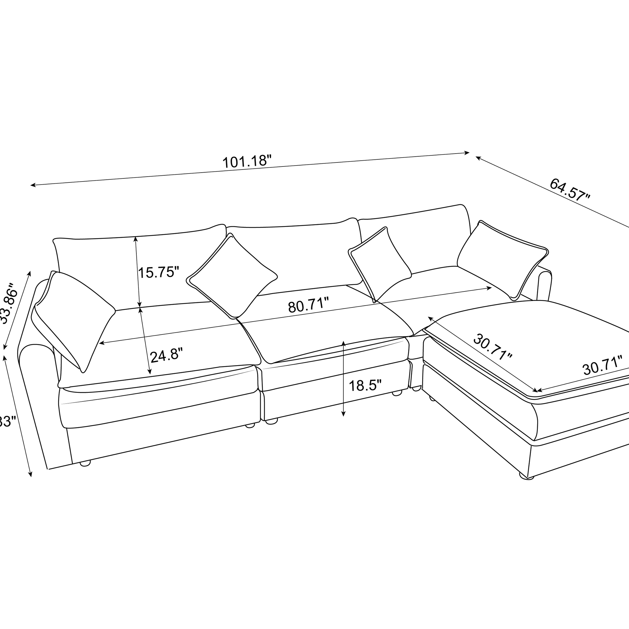 Modular Sectional Sofa, 3 Seater Sofa With Ottoman, Modern L Shaped Sofa For Living Room Bedroom Apartment Grey Wood Fabric