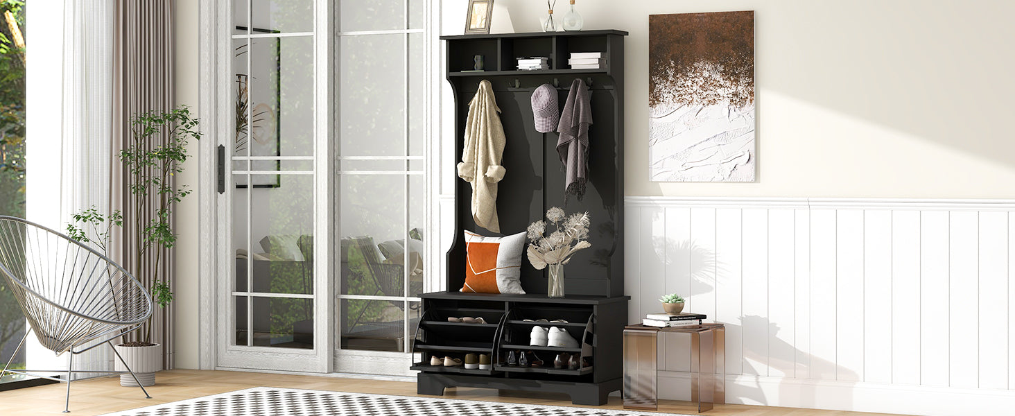 All In One Hall Tree With 3 Top Shelves And 2 Flip Shoe Storage Drawers, Wood Hallway Organizer With Storage Bench And Metal Hanging Hooks, Black Black Particle Board