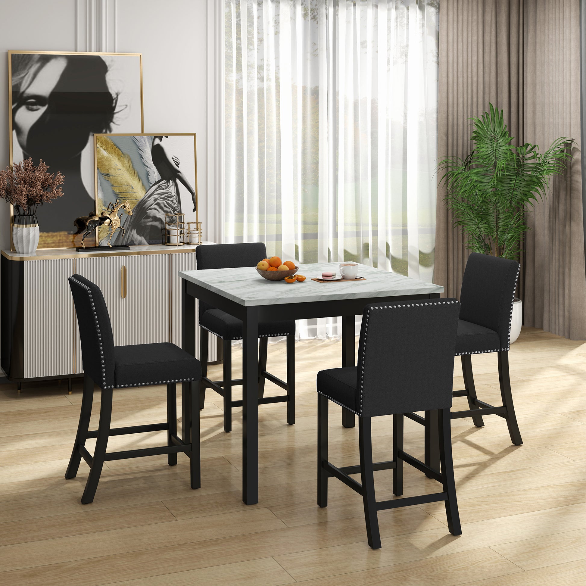 5 Piece Dining Table And Chair Set, Wooden Dining Table And Chair With 4 Chairs For Small Spaces, Modern Square Counter Height Dining Table, Compact Mid Century Modern Home Table And Chair Set, Uphols Black Gray Solid Wood Mdf