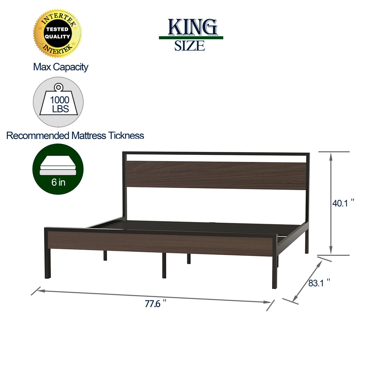 Ceres Metal Bed, Black With Walnut Wood Headboard&Footboard, King Box Spring Not Required King Black Metal Brown Bedroom Bed Frame Metal Metal