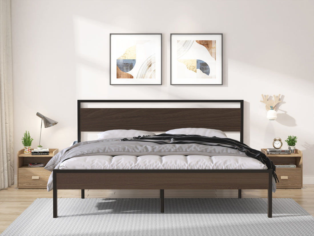 Ceres Metal Bed, Black With Walnut Wood Headboard&Footboard, King Box Spring Not Required King Black Metal Brown Bedroom Bed Frame Metal Metal