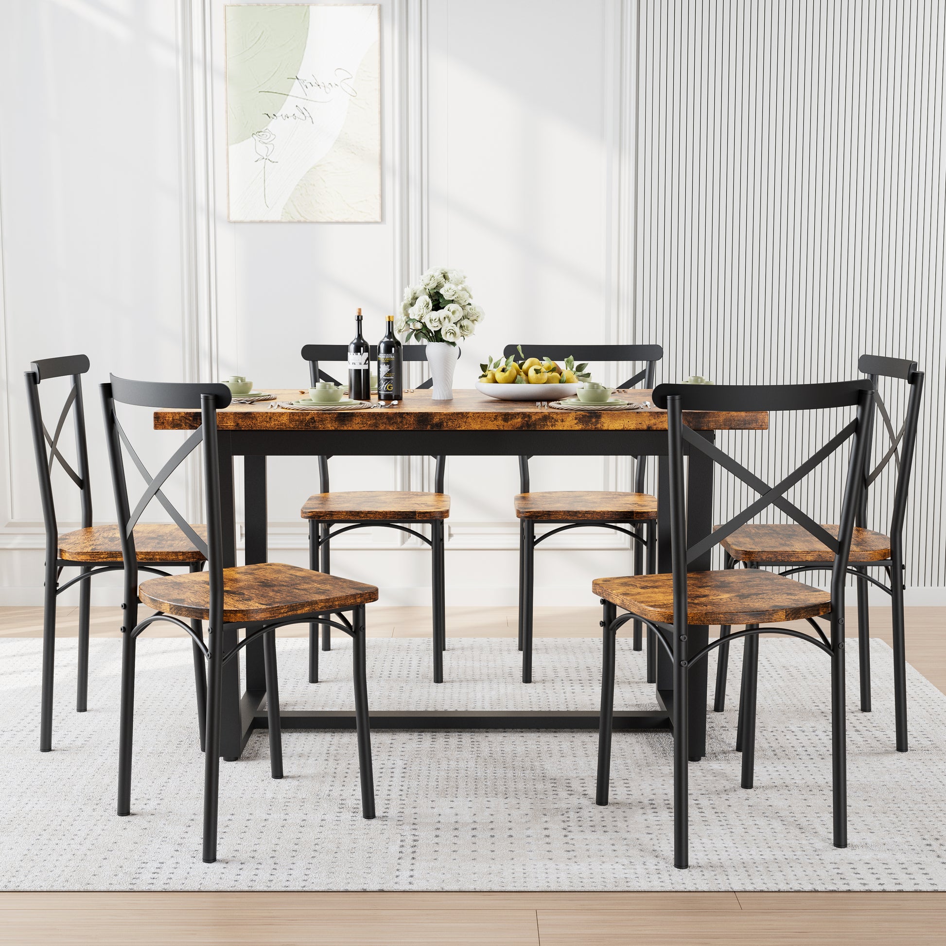 7 Pieces Dining Set 7 Piece Kitchen Table Set Perfect For Kitchen, Breakfast Nook, Living Room Occasions Brown Seats 6 Mdf Steel