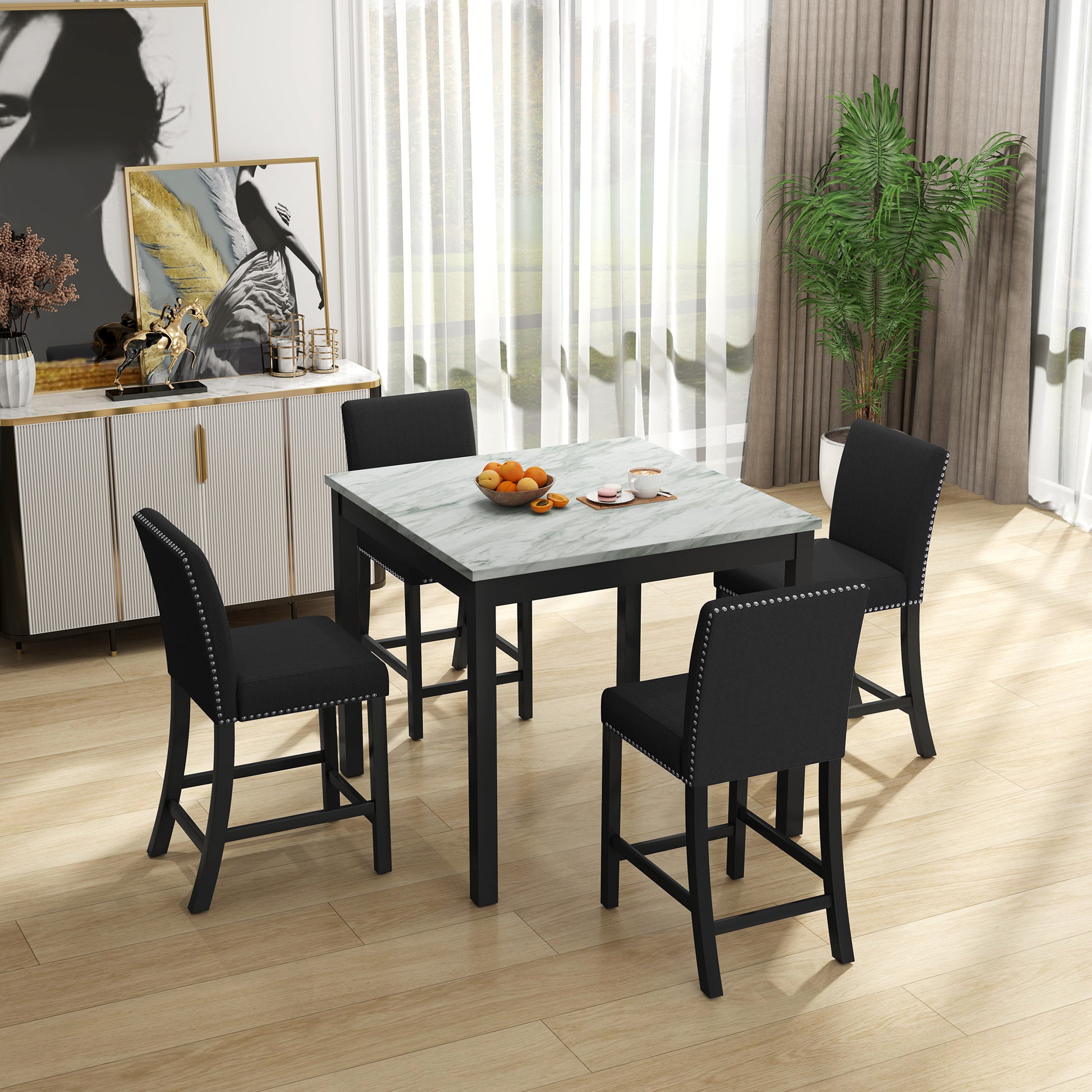 5 Piece Dining Table and Chair Set, Wooden Dining black+ gray-solid wood+mdf