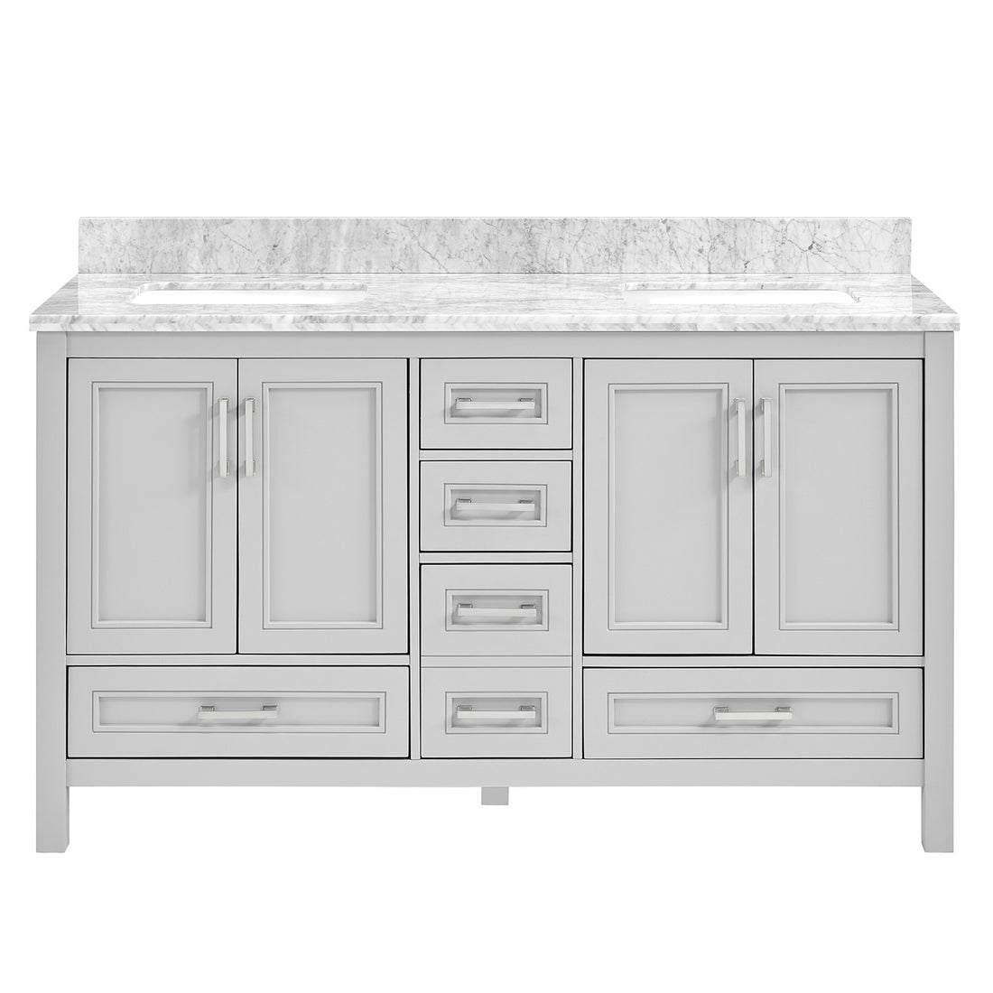 60 In Undermount Double Sinks Bathroom Storage Cabinet With Carrara Natural Marble Top Light Gray 4 Soft Close Doors Bathroom Freestanding Mdf Painted