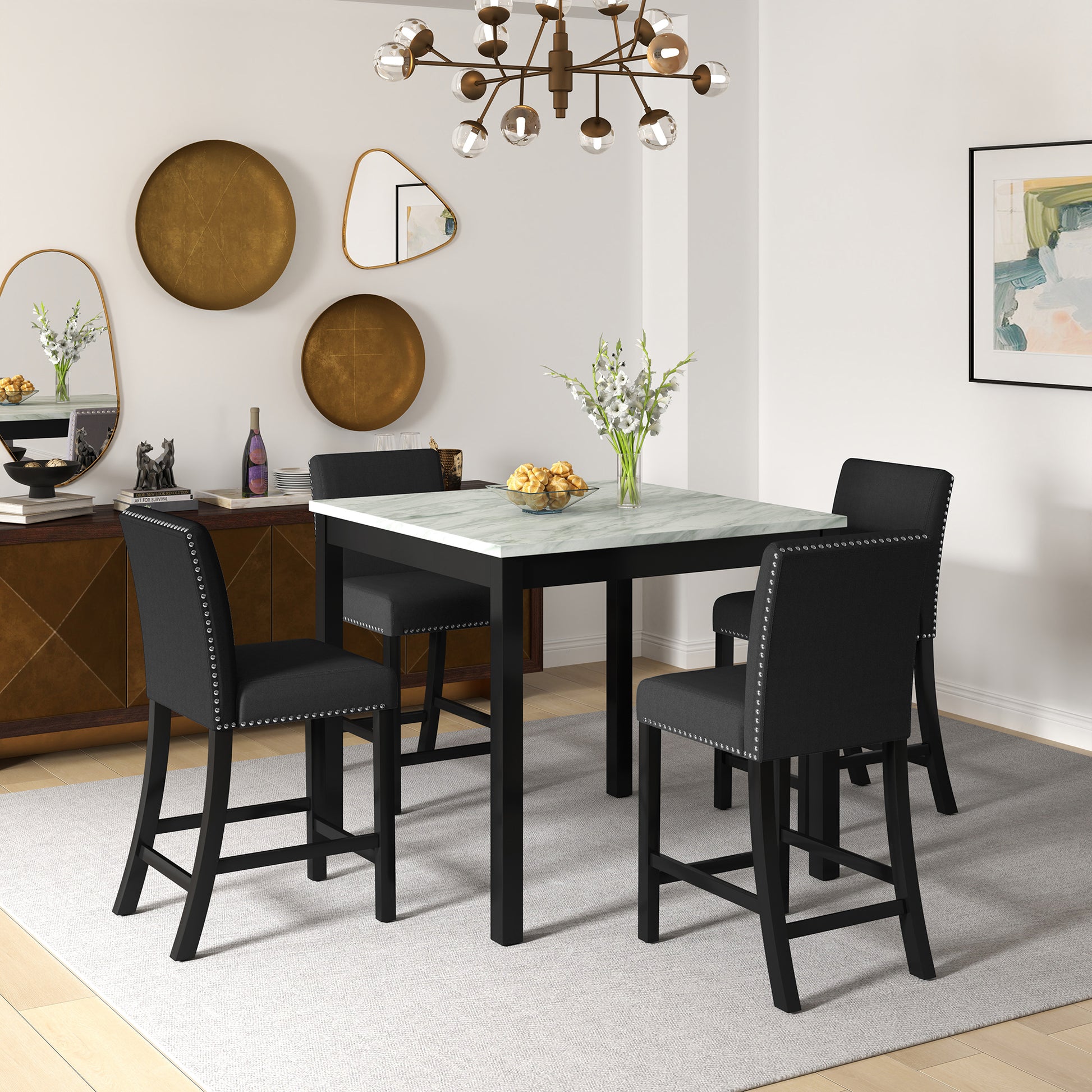 5 Piece Dining Table And Chair Set, Wooden Dining Table And Chair With 4 Chairs For Small Spaces, Modern Square Counter Height Dining Table, Compact Mid Century Modern Home Table And Chair Set, Uphols Black Gray Solid Wood Mdf