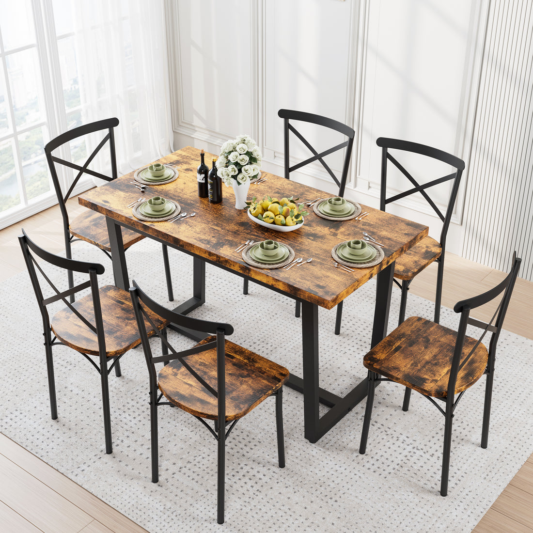 7 Pieces Dining Set 7 Piece Kitchen Table Set Perfect For Kitchen, Breakfast Nook, Living Room Occasions Brown Seats 6 Mdf Steel