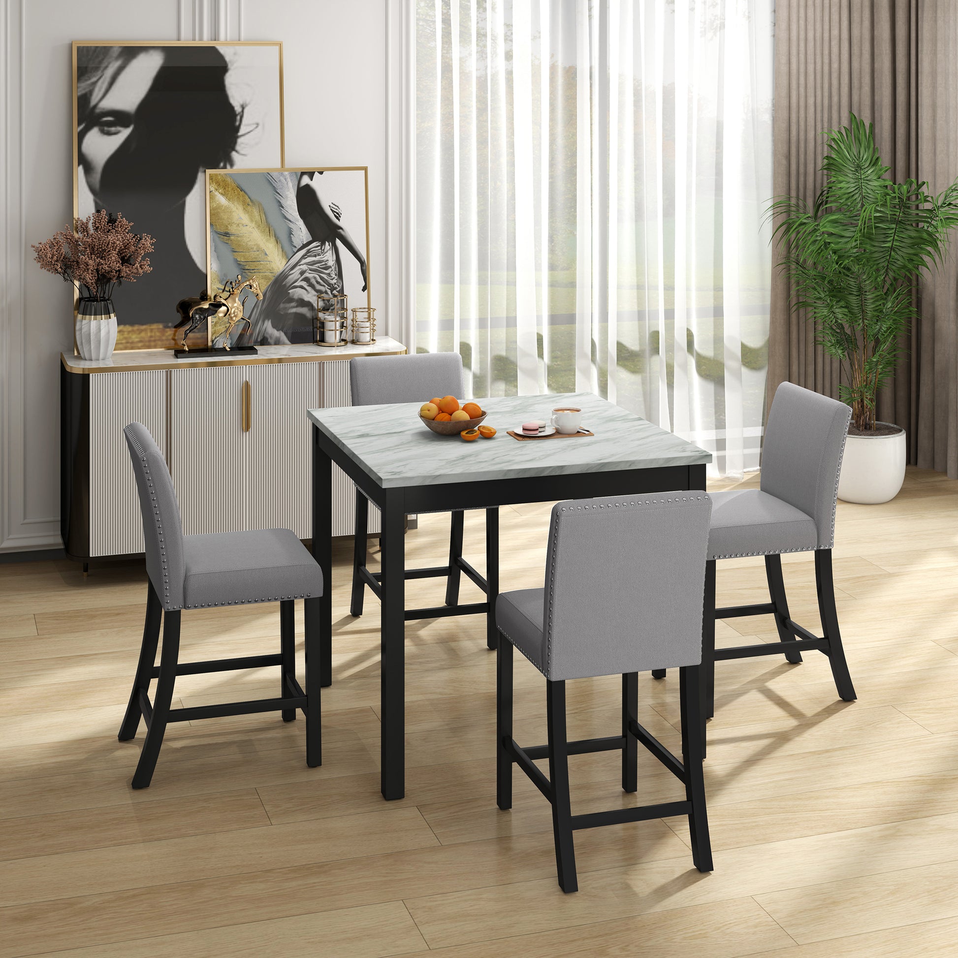 5 Piece Dining Table and Chair Set, Wooden Dining black+ gray-solid wood+mdf