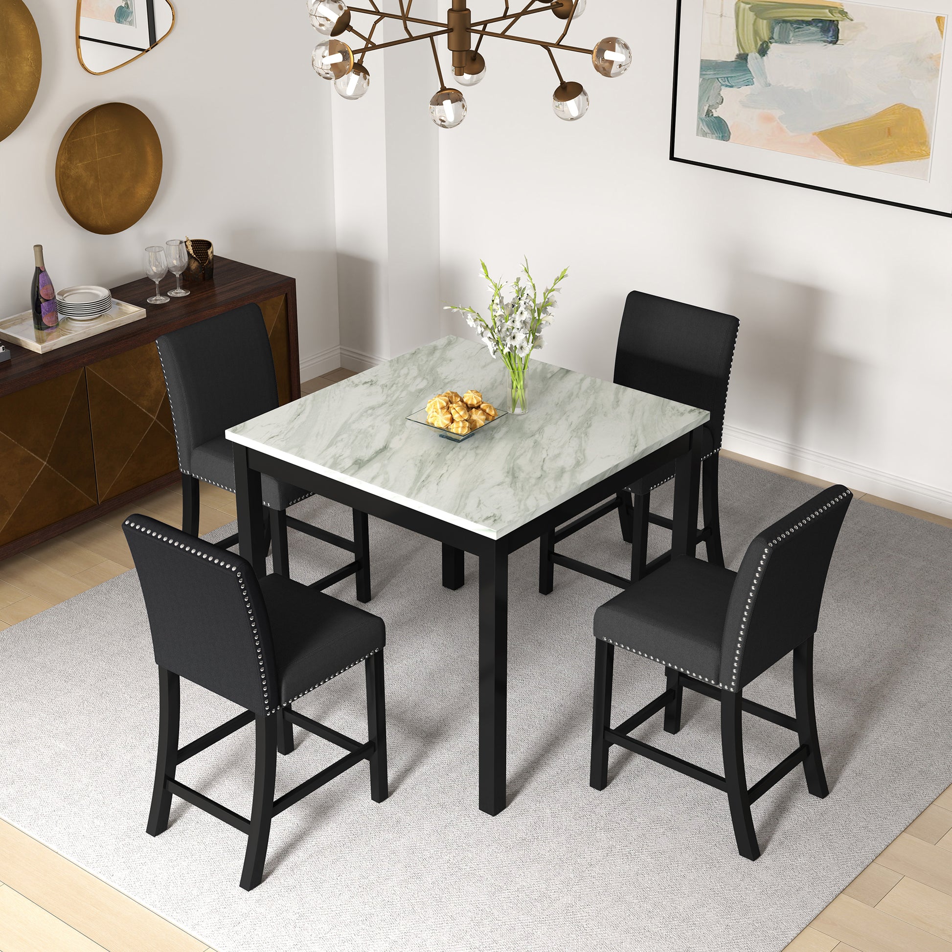 5 Piece Dining Table And Chair Set, Wooden Dining Table And Chair With 4 Chairs For Small Spaces, Modern Square Counter Height Dining Table, Compact Mid Century Modern Home Table And Chair Set, Uphols Black Gray Solid Wood Mdf