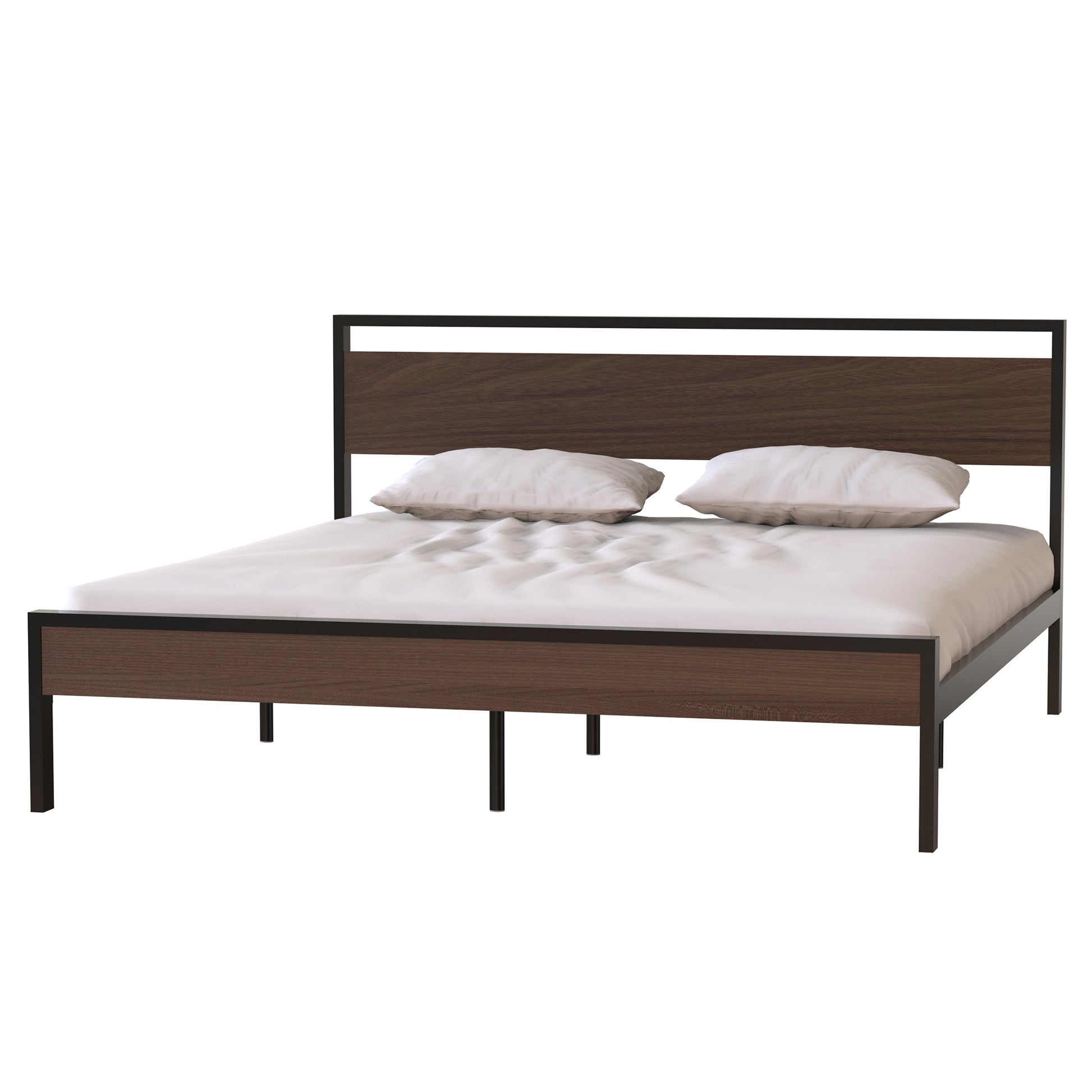 Ceres Metal Bed, Black With Walnut Wood Headboard&Footboard, King Box Spring Not Required King Black Metal Brown Bedroom Bed Frame Metal Metal