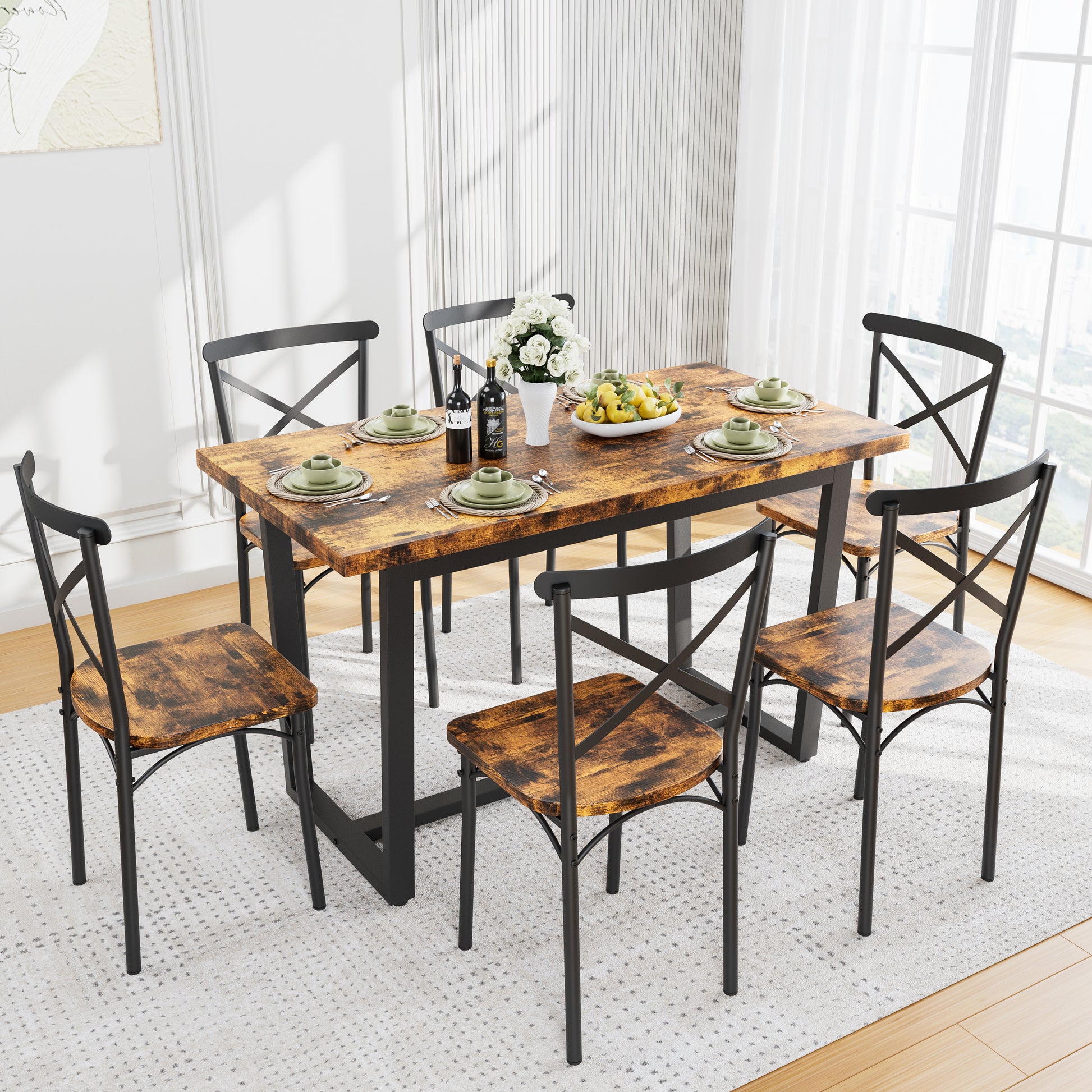 7 Pieces Dining Set 7 Piece Kitchen Table Set Perfect For Kitchen, Breakfast Nook, Living Room Occasions Brown Seats 6 Mdf Steel