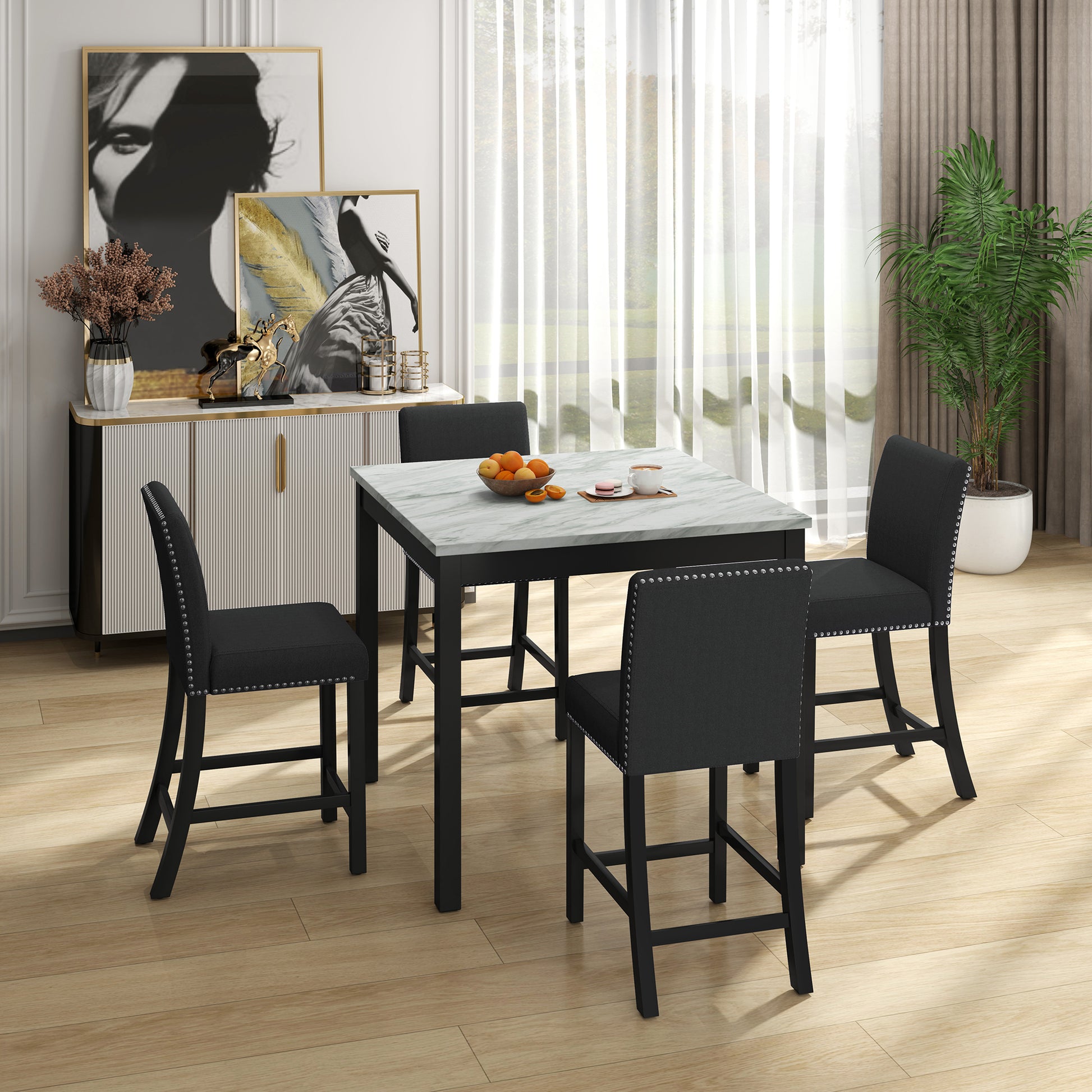 5 Piece Dining Table And Chair Set, Wooden Dining Table And Chair With 4 Chairs For Small Spaces, Modern Square Counter Height Dining Table, Compact Mid Century Modern Home Table And Chair Set, Uphols Black Gray Solid Wood Mdf