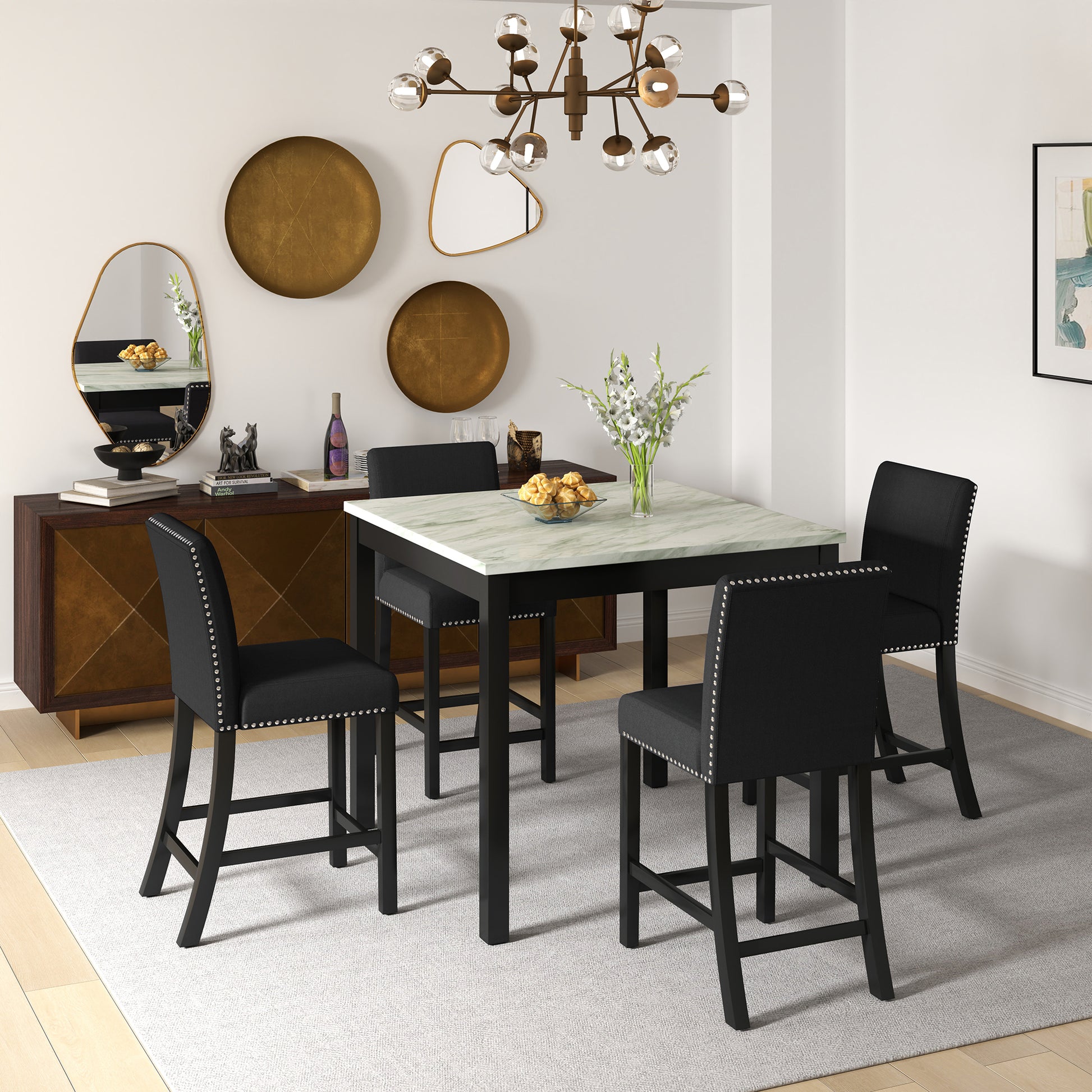 5 Piece Dining Table And Chair Set, Wooden Dining Table And Chair With 4 Chairs For Small Spaces, Modern Square Counter Height Dining Table, Compact Mid Century Modern Home Table And Chair Set, Uphols Black Gray Solid Wood Mdf